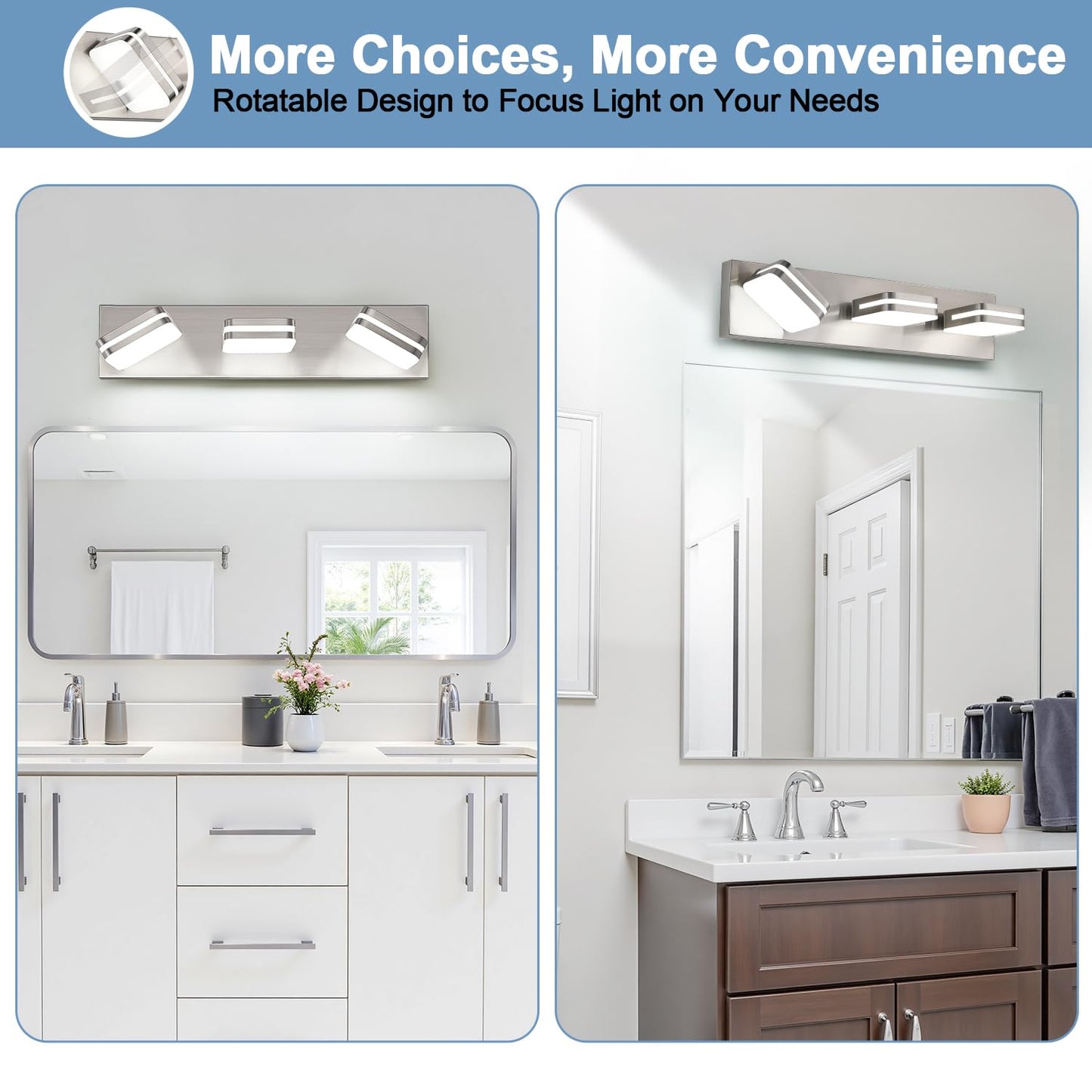 360° Rotate LED Bathroom Vanity Light Fixtures, 1300LM Acrylic Brushed Nickel Vanity Lights for Bathroom, Modern Wall Lighting Fixtures Over Mirror Kitchen Living Hallway (Natural White Light 5000K)