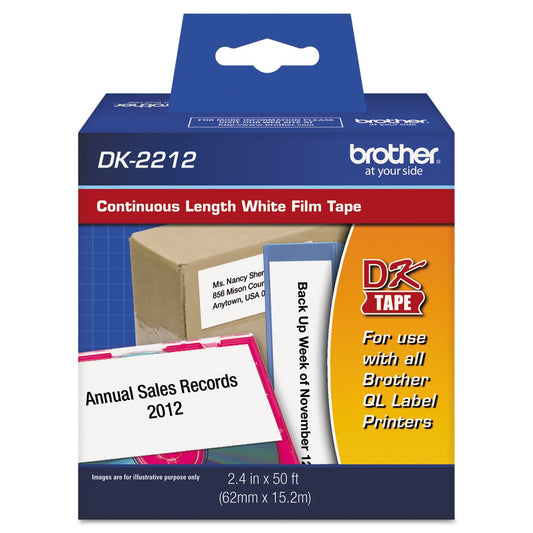 Brother Genuine DK-2212 Continuous Length Black on White Film Tape for Brother QL Label Printers, 2.4" x 50' (62mm x 15.2M), 1 Roll per Box, DK2212,Black/White