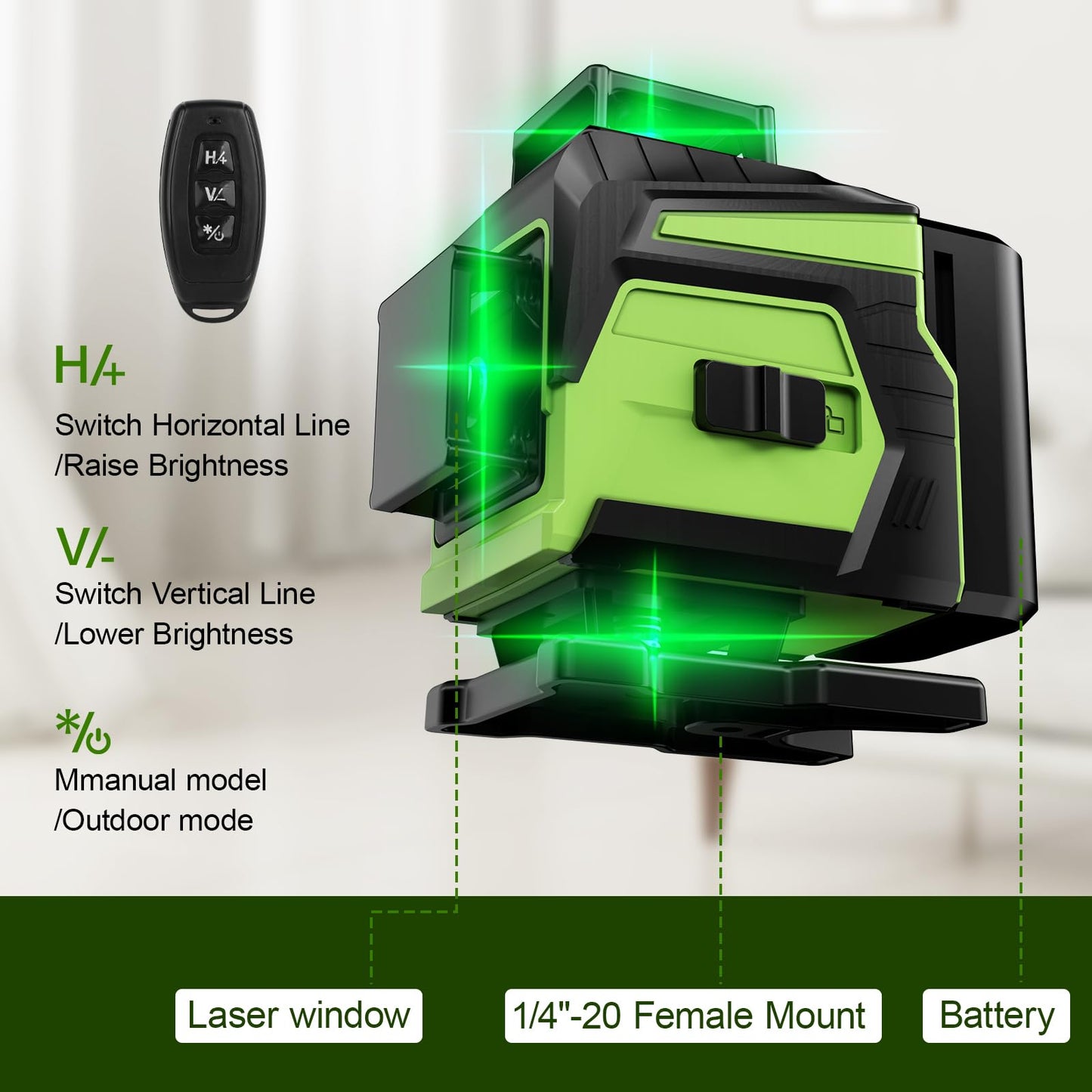 Laser Level,16 Line Laser Level 360 Self Leveling,4x360°4D Green Cross Line Laser for Construction and Picture Hanging,lazer leveler tool with 2 Batteries,Magnetic Bracket & Remote Controller