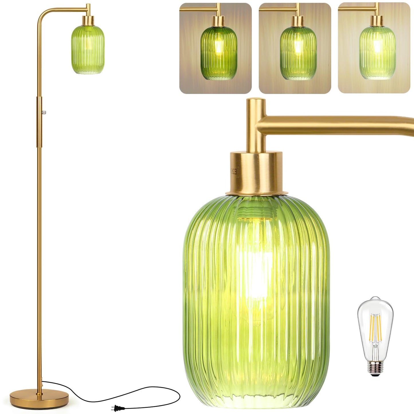 Ruiever Glass Floor Lamp for Living Room, Dimmer Standing Lamp with Green Ribbed Lampshade,66” Tall Lamp & Gold Floor Lamp for Bedroom Study Room,Brushed Gold (Green)