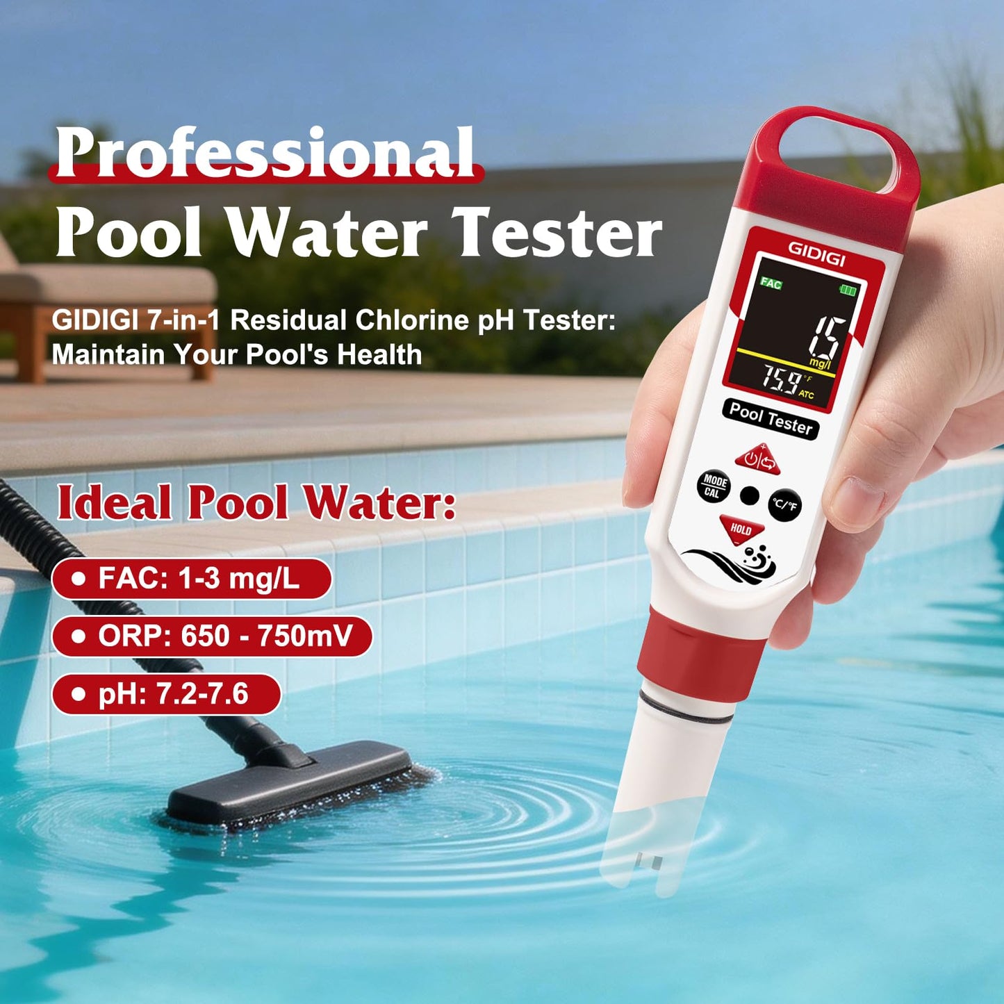 GIDIGI pH Chlorine Meter Digital 7 in 1, Pool ORP Salinity Meter Test pH CL Salt ORP EC TDS Temp, for Pools Aquariums Hydroponics Drinking Water Hot Tubs, Water Test Kit, with Calibration Solution