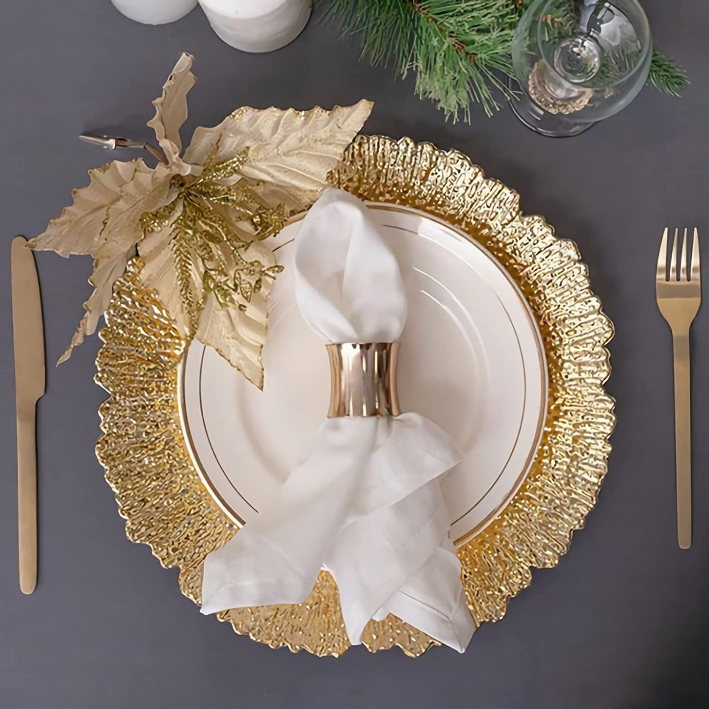 WUWEOT 12 Pack 13" Gold Charger Plates, Plate Chargers with Flora Reef Design, Plastic Round Ruffled Rim Dinner Charger Plates for Dinner Wedding Party Decoration