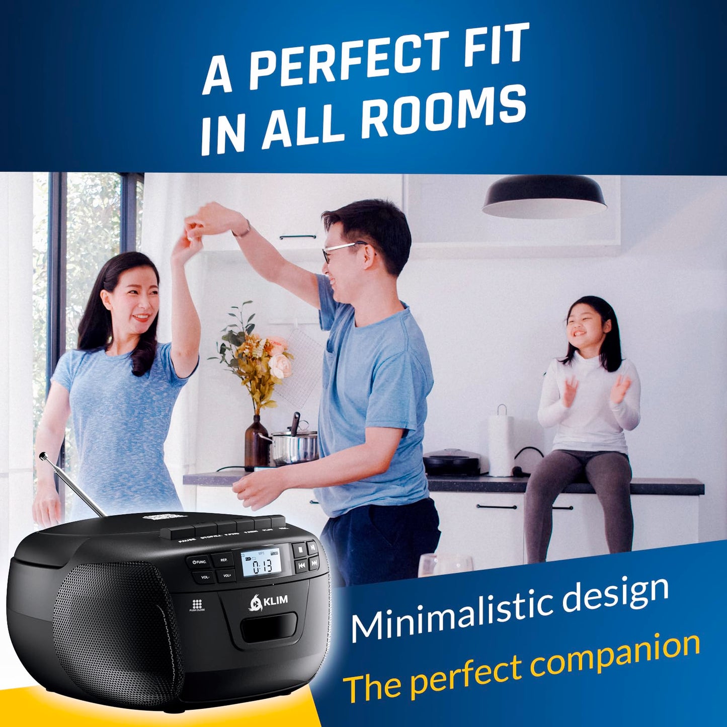 KLIM CD + Cassette Tape Player, Bluetooth CD Boombox, AM/FM Radio, Stereo Sound, Remote, CD and Cassette Player Combo, Tape Recording, USB Drive, AUX