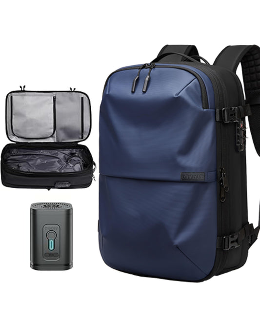 AirVault Voyage Vacuum Seal Travel Backpack 60L with Exapandable Vortex Air Compression Vacuum System Airback SpaceVacPro VacPack Water Resistant TSA Lock with Air Pump Blue