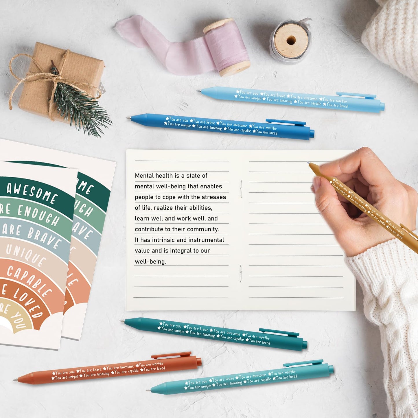 Janlaugh 200 Pcs Mental Health Awareness Gifts Bulk Motivational Notebook Journals and Positive Affirmation Pen Mental Health Items for Coworker Nurse Week Teacher Student End of Year Gifts (Rainbow)