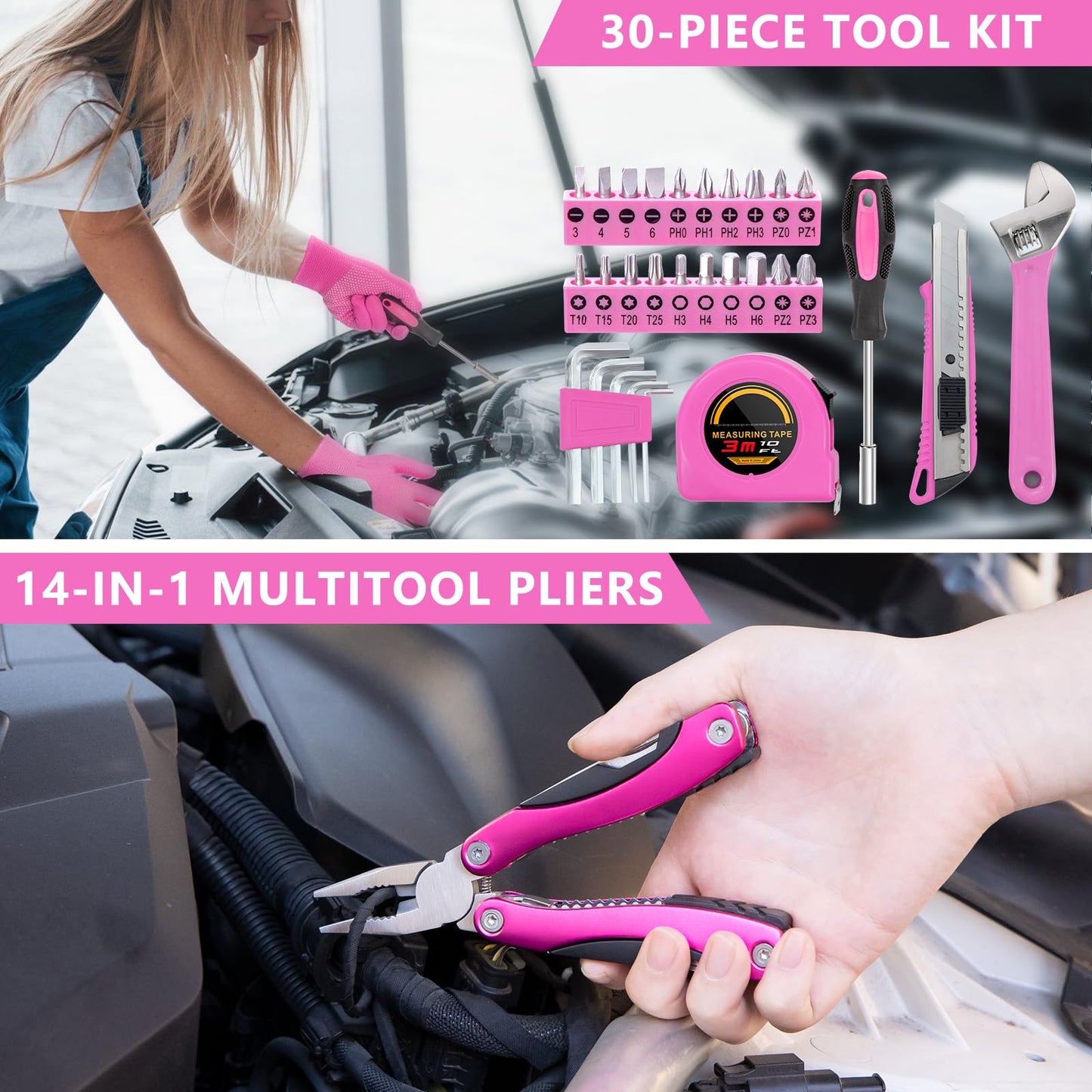 HLWDFLZ Car Emergency Kit with Portable Air Compressor - Roadside Assistance Emergency Kit with Jumper Cables, First Aid Kit, Auto Tool Set, Winter Safety Kit for Women, Men, Teen (Pink)