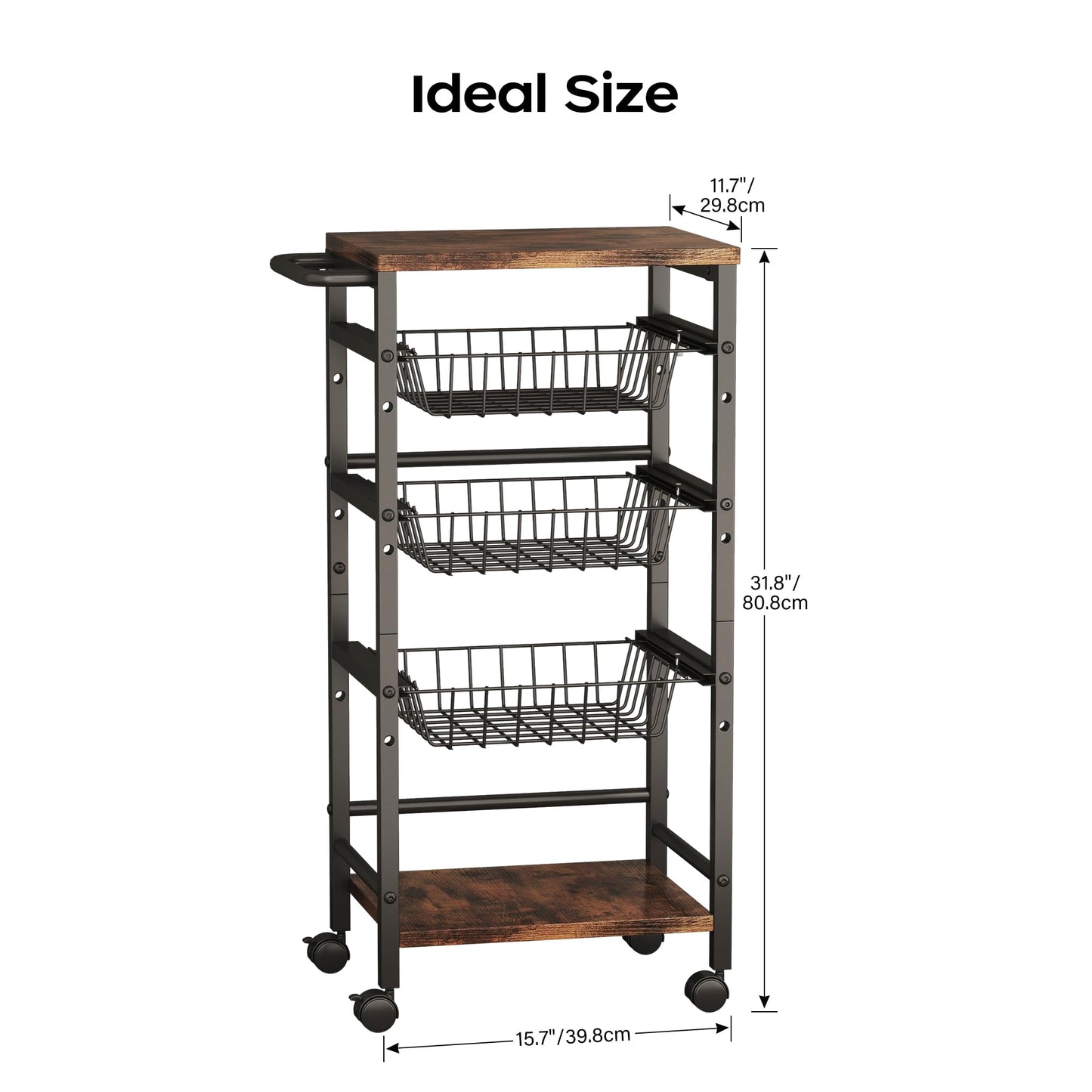 5-Tier Snack Organizer Cart with 3 Height Adjustable Pull-Out Baskets and 2 Storage Shelves, Utility Kitchen Organizer and Storage Cart with Convenient Handle for Fruit Potato Onion Vegetable Snack