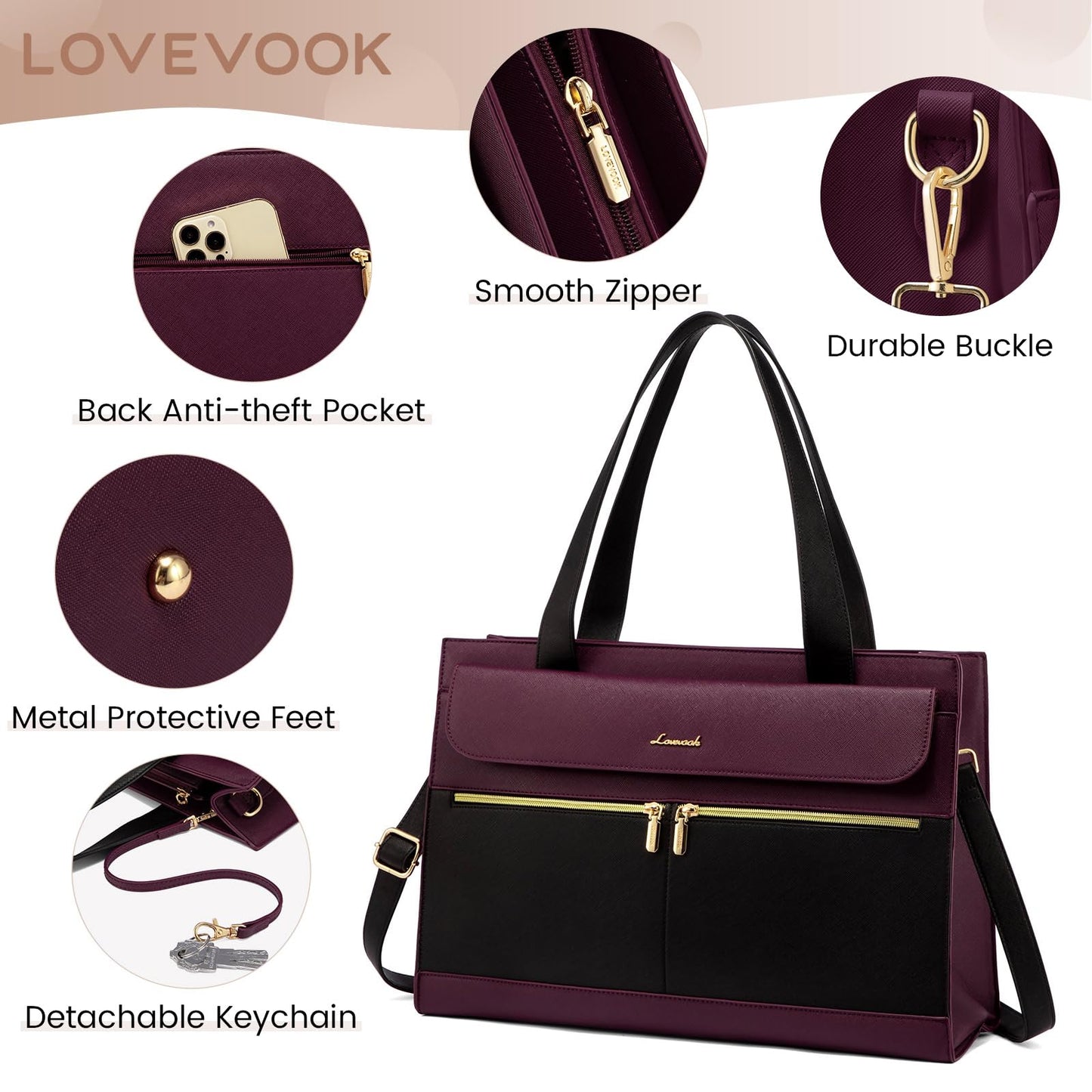 LOVEVOOK Laptop Bag for Women 15.6 Inch Laptop Tote Work Bag Professional Leather Computer Briefcase Waterproof Business Teacher Office Bag Handbag