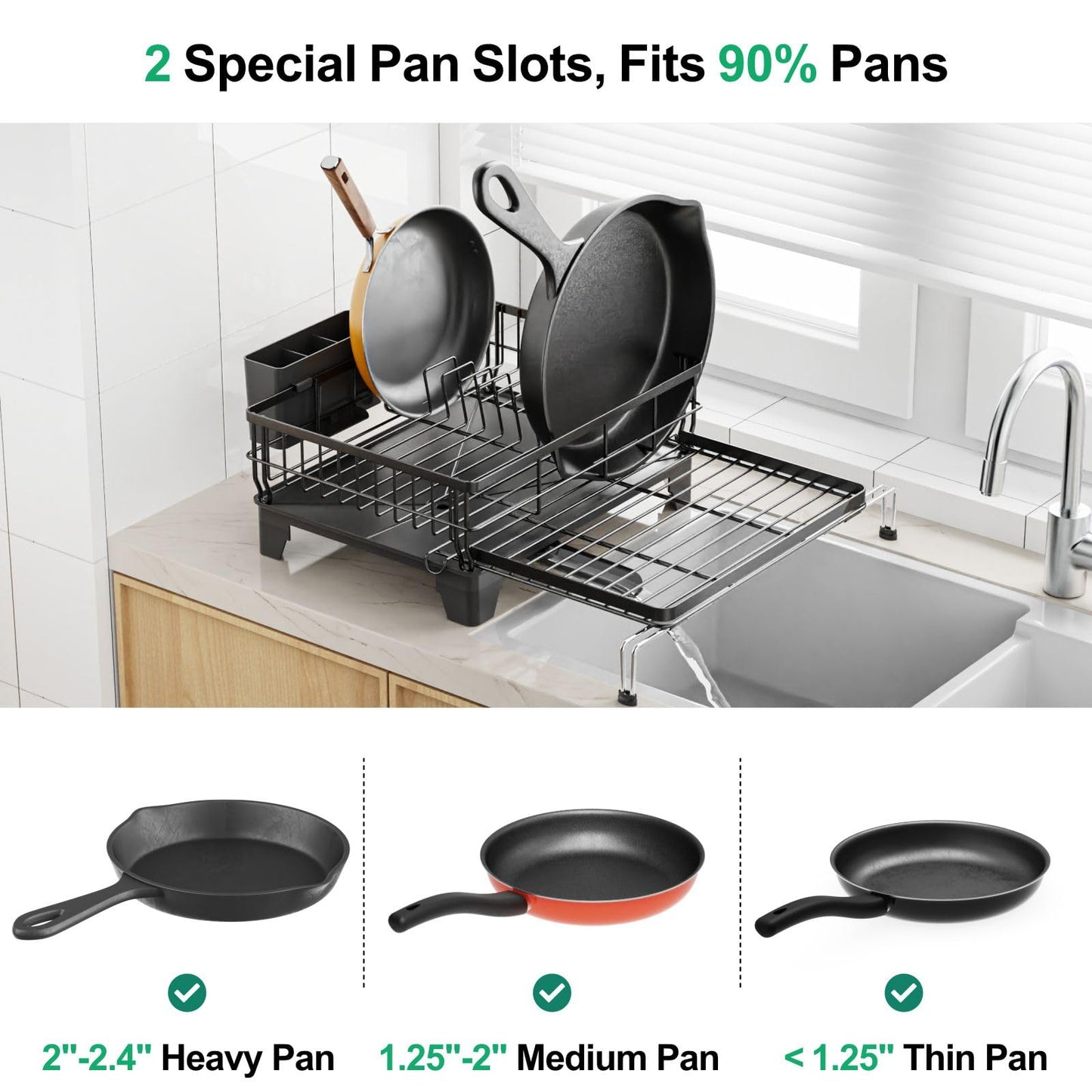 GSlife Extendable Dish Drying Rack - Large 2-in-1 Dish Racks for Kitchen Counter or Over Sink, Anti-Rust Dish Drainer with Drainboard, 2 Pan Slots and Utensil Holder, Black