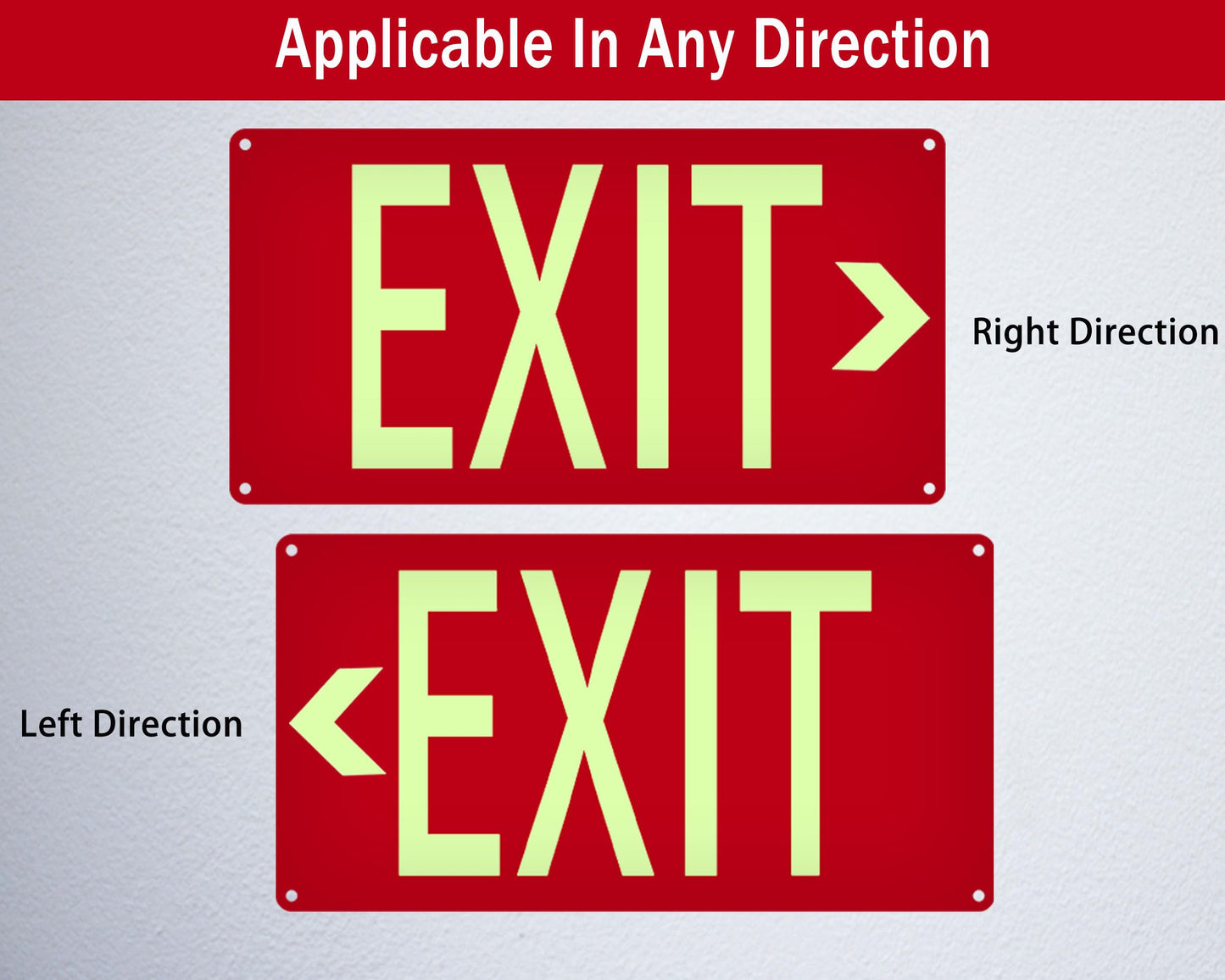 (4 Pack) Photoluminescent Exit Sign Aluminum - Adhesive Backing - Glow In The Dark Exit Sign - Removable Arrows Included - 14.25x7.5 Inches - Non Electrical Red Exit Light For 50 Feet Visibility
