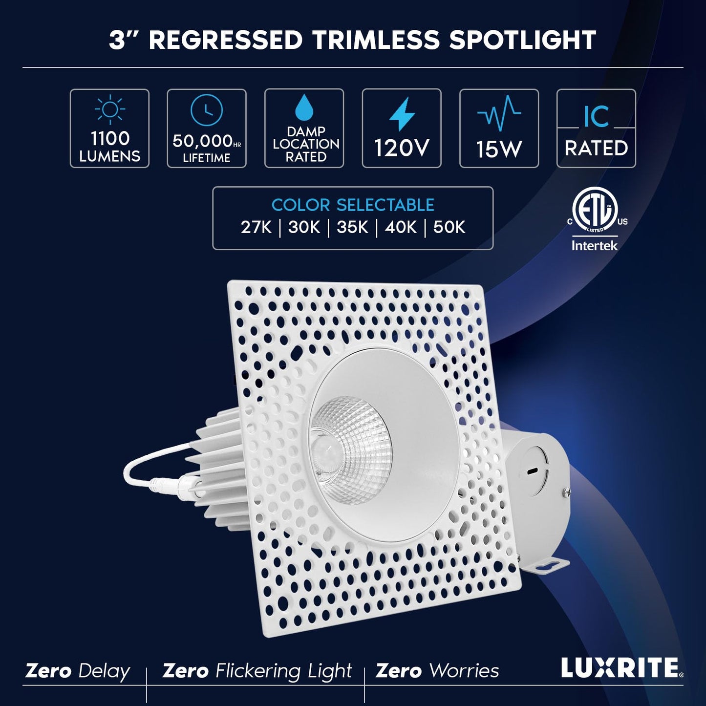 LUXRITE 3 Inch Trimless LED Recessed Lighting, 15W, 1100LM, 5CCT Selectable 2700K-5000K, Dimmable Ceiling Spotlight, CRI 90, Damp & IC Rated, Plaster Downlight, ETL Listed