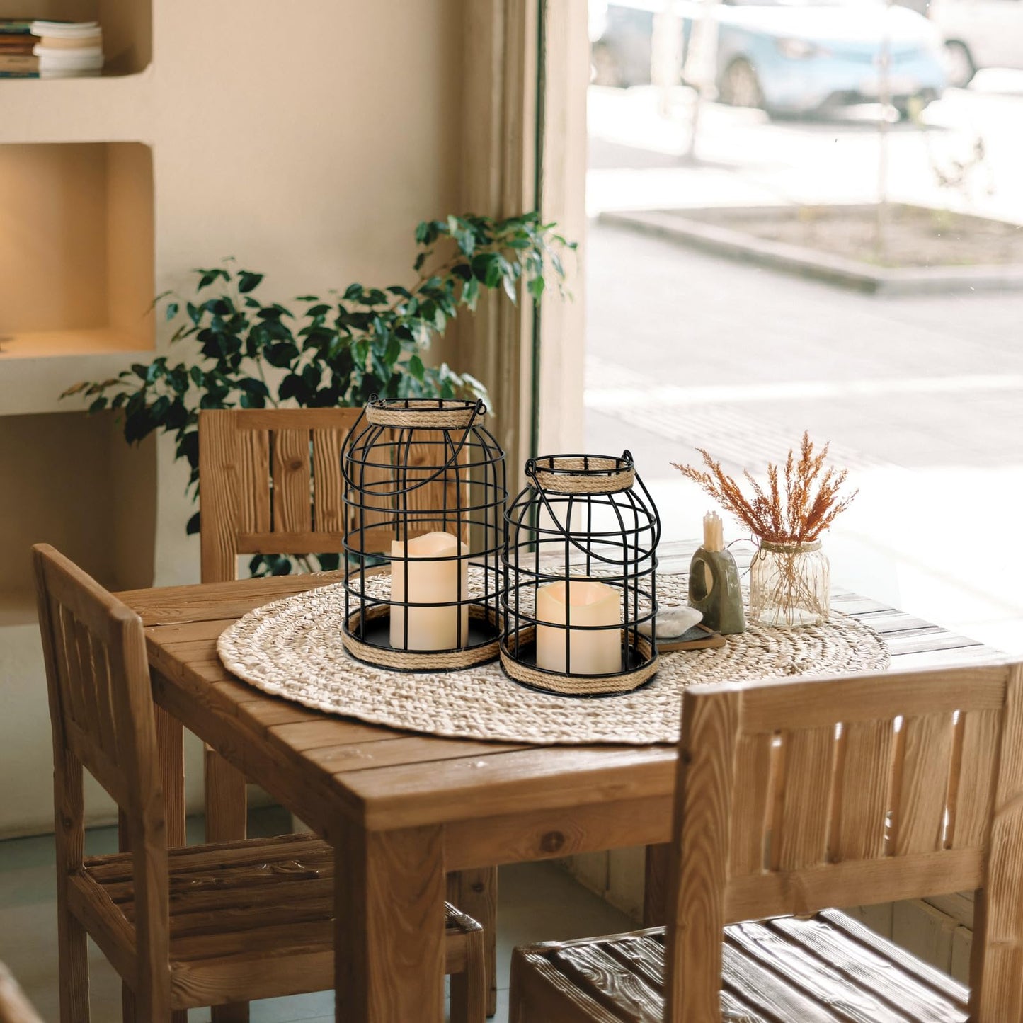 Lumeavetra Rustic Farmhouse Decorative Lantern Set of 2, Boho Lanterns with LED Candles, Modern Farmhouse Indoor Outdoor Decor for Living Room Patio Porch Fireplace Kitchen Dining Table Centerpiece