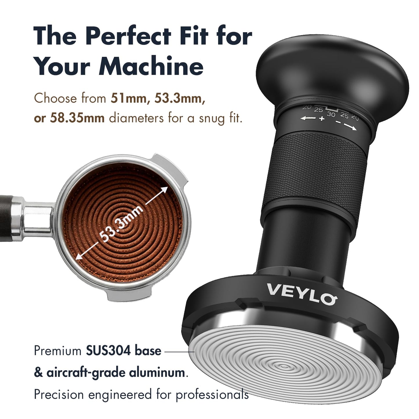 VEYLO 53.3mm Espresso Tamper, Barista-Grade Adjustable Calibrated Coffee Tamper with 24-Click Precision Dial, No Spring Swap, Audible Feedback, Ripple Base for Breville 54mm Portafilter Basket