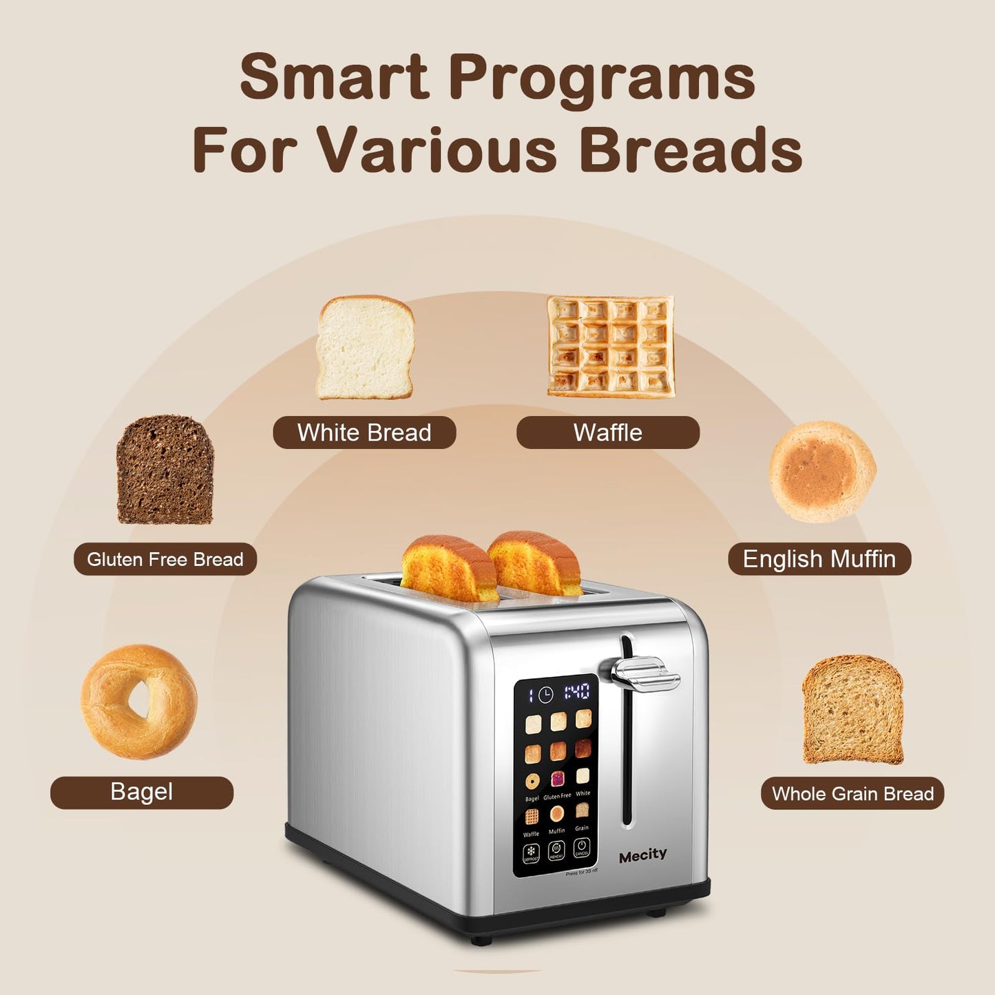Mecity 2 Slice Toaster Touch Screen 1.5" Wide Slot, Stainless Steel Smart Bread Toaster for Bagel Muffin Waffle Gluten Free Breads, Timer, Defrost, Reheat, 120V 825W