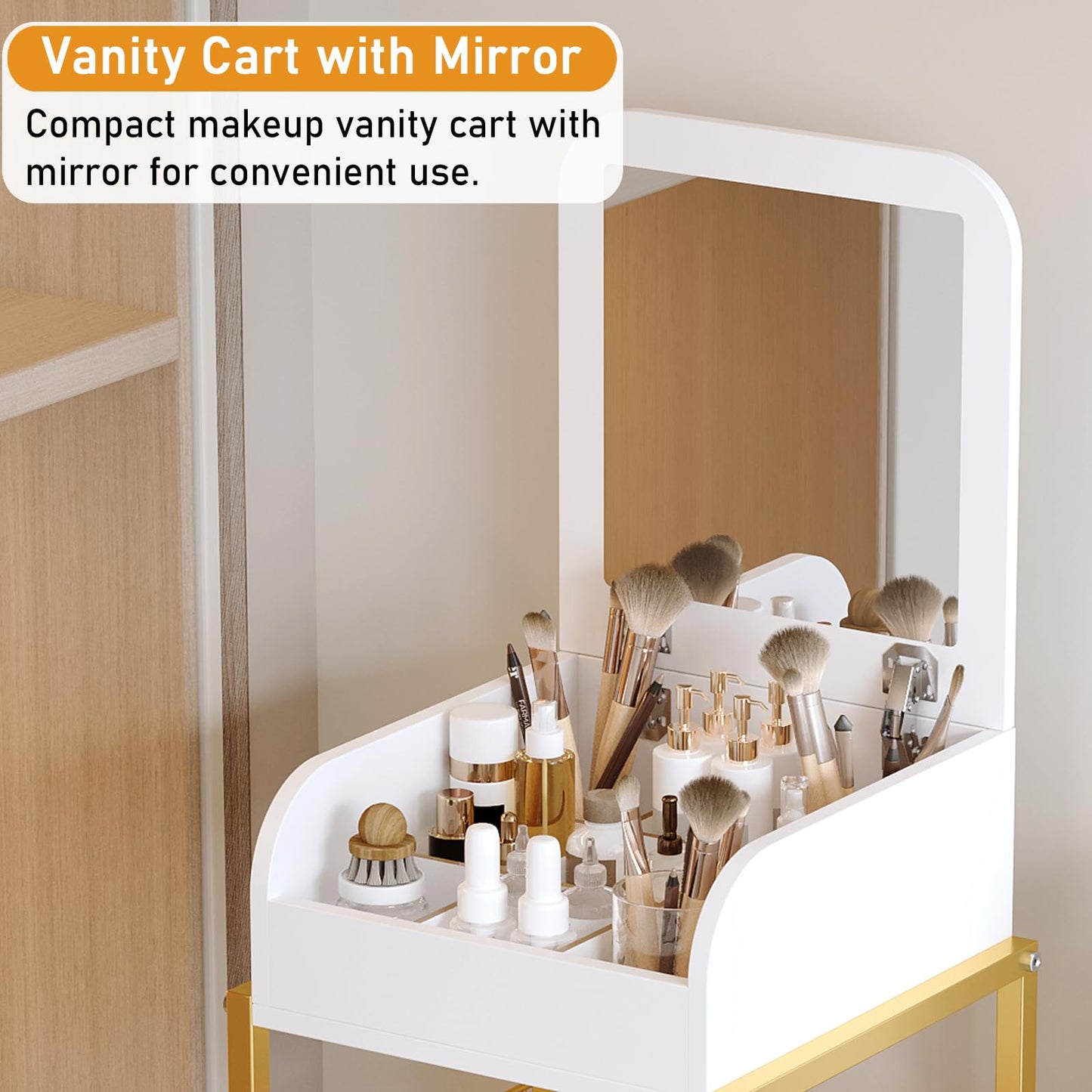 ZQUYAJ Makeup Cart Organizer with Mirror, Floor Makeup Organizer Large- Make Up Organizers Vanity Cart Cosmetic Display Cases Holder for Skin Care Perfume Nail Polish Brush Hair Tool (Gold)