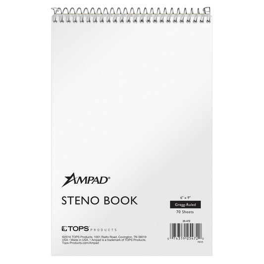 Ampad Steno Notebook, 6 X 9 Inches, White Paper, Gregg Ruled, White Cover, 70 Sheets Per Book, 12-Pack (25-472)