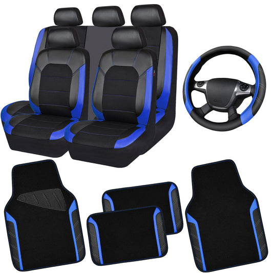 CAR PASS Air Mesh Leather Car Seat Covers Full Set, Waterproof Car Floor Mats, Sporty Steering Wheel Cover 14.5-15in, Universal Fits for 95% Cars Truck SUV (Black and Blue)
