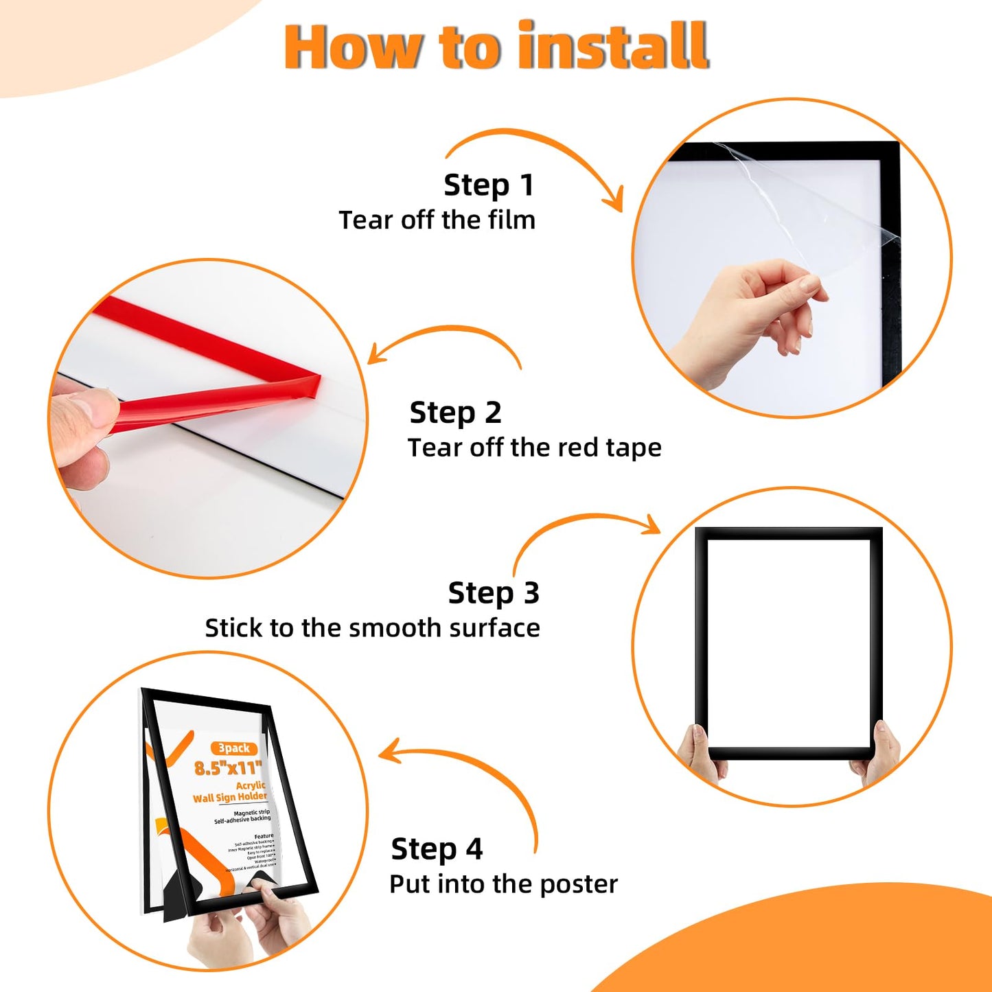 PUJIANG 6 Pack Acrylic Sign Holder 8.5x11 Wall Mount,Clear Wall Sign Holder with Tape,Horizontal & Vertical Display,Plastic Sign Holder for Wall Door Glass Window Fridge-No Drilling