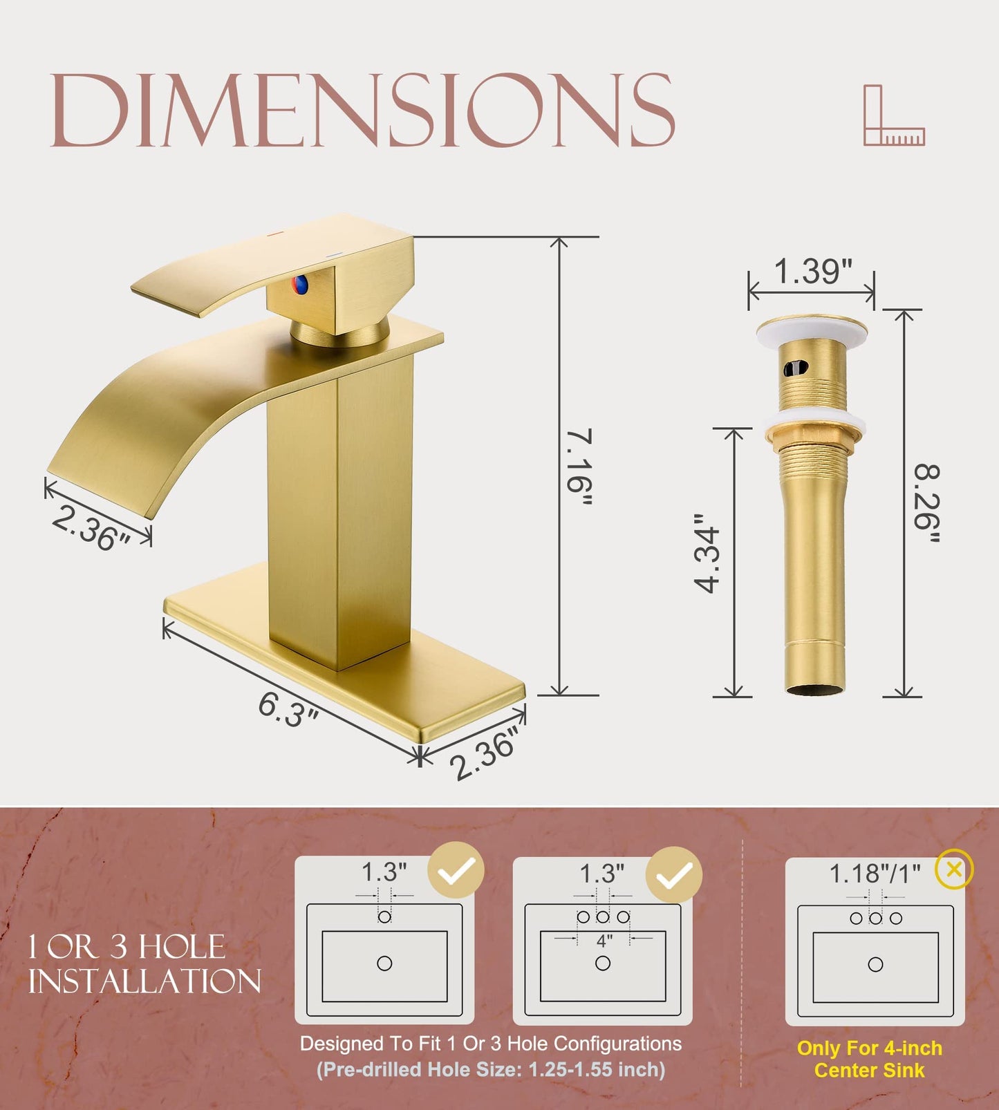 YardMonet Gold Bathroom Faucet, Modern Single Hole Waterfall Spout Sink Faucet, Brushed Gold With Drain Assembly and Hose