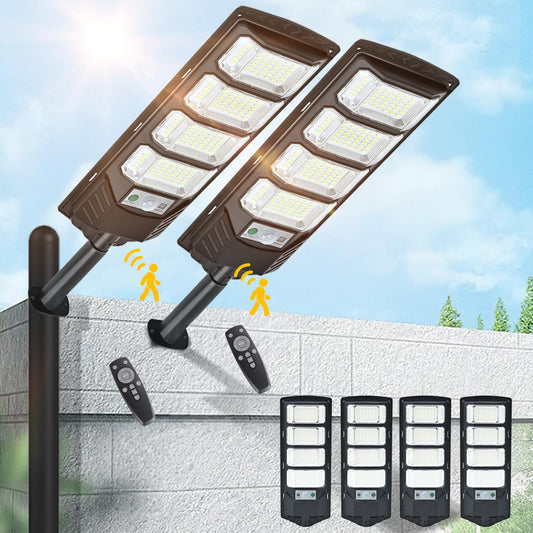 4 Pack Solar Street Lights Outdoor Waterproof 6500K 12000LM 5730SMD LEDs Solar Flood Lights Dusk to Dawn Parking Lot Light Wide Motion Sensor and Remote Control for Area Lighting Yard