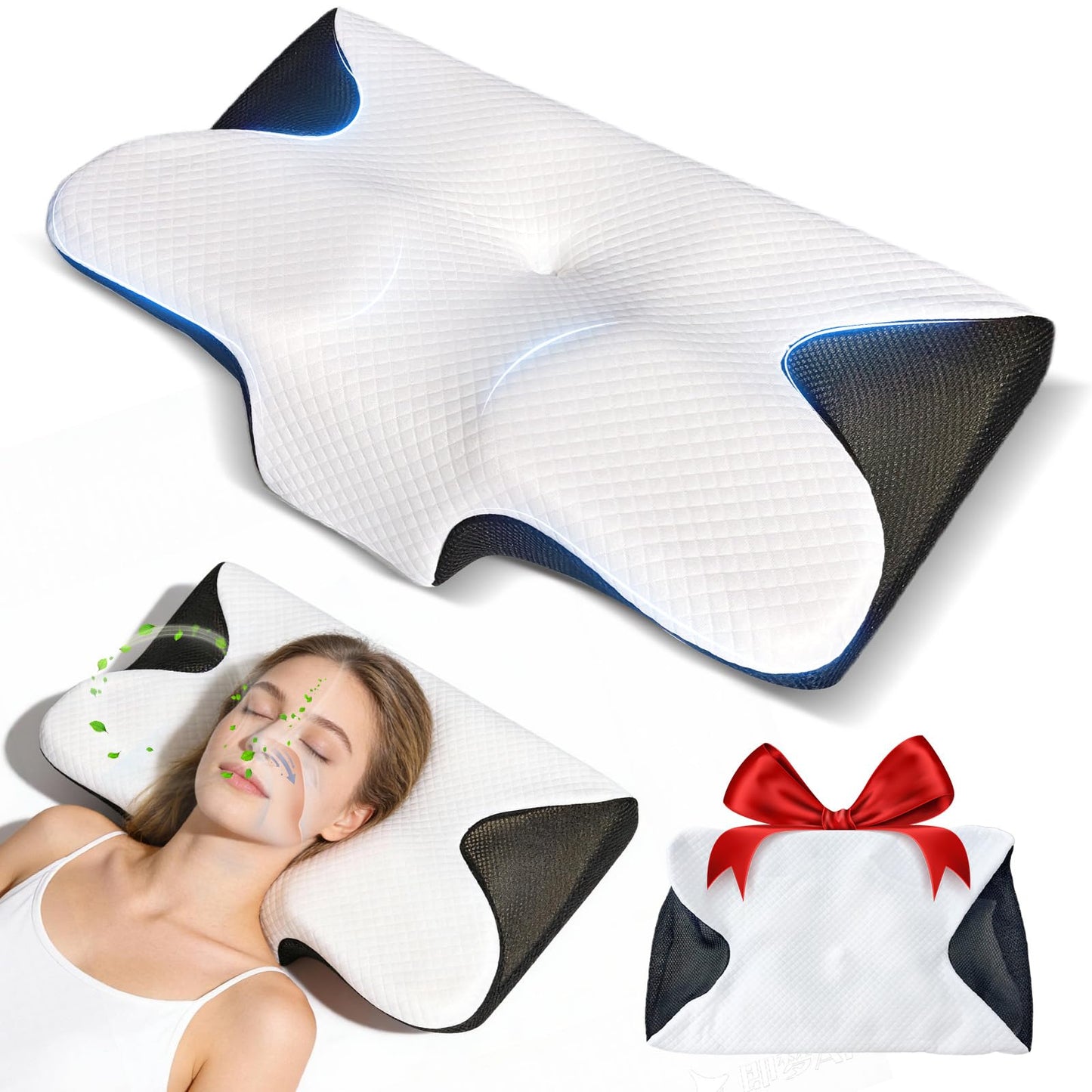 Keaolotay Cervical Neck Pillow, Contour Memory Foam Orthopedic Pillow, Double-Sided Neck Support Pillow for Neck Pain Relief, with Pillowcase for Back Side Stomach Sleepers(Black)