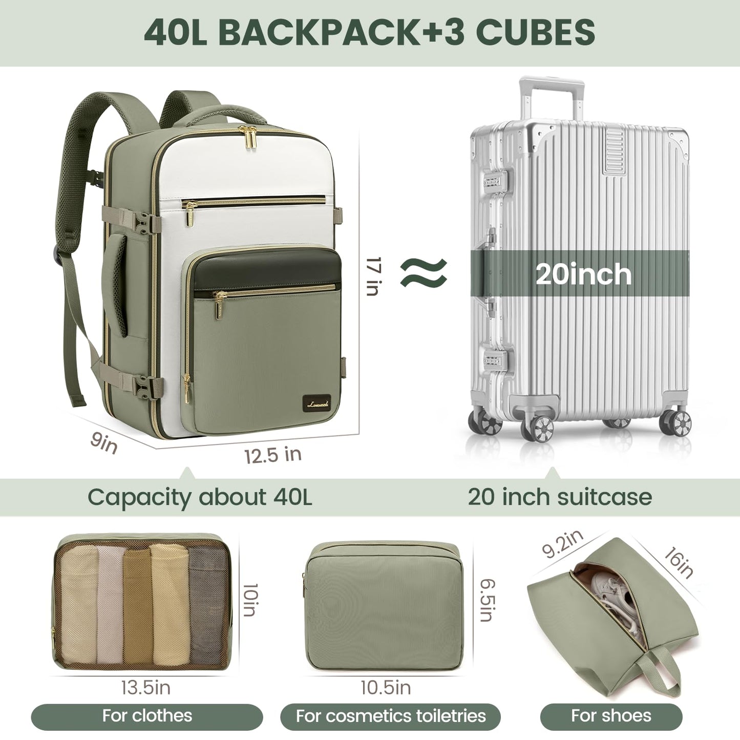LOVEVOOK Travel Backpack For Women,40L Carry On Backpack Flight Approved,TSA Personal Item Travel Bag Fits 17 Inch Laptop,Business Weekender Overnight Daypack with Back Pad and Chest Buckle,Cubes