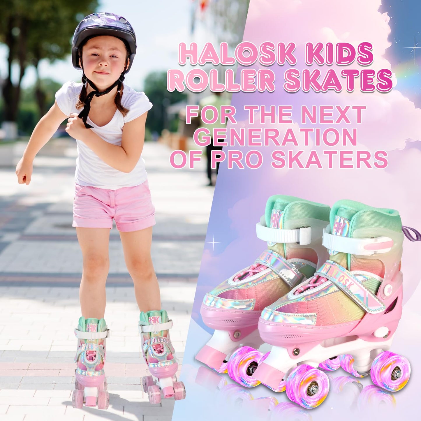 HALOSK Girls Roller Skates for Kids Beginners Ages 6-12, Pink Rainbow Adjustable Quad Rollerskates for Youth with All Light up Wheels Skating Shoes for Outdoor Sports