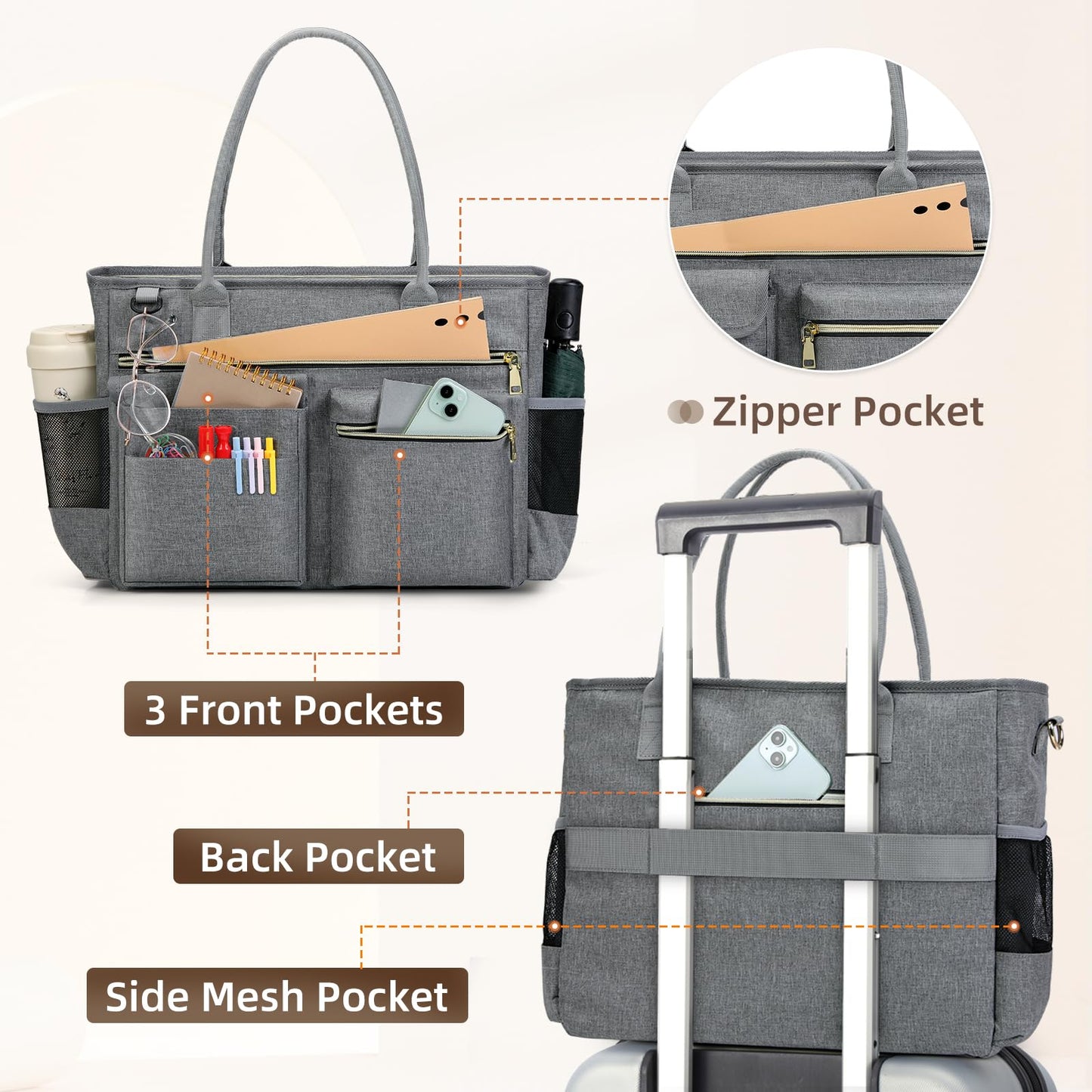 RAINSMORE Laptop Bag for Women 15.6 inch Work Teacher Tote Bag Nurse Bag Professional Laptop Tote Computer Messenger Shoulder Bag Large Handbag Business Office Work Bag Briefcase Grey