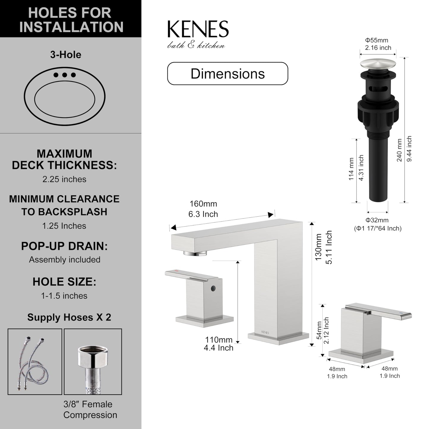 KENES Brushed Nickel Widespread Bathroom Faucet 2 Handle Bathroom Sink Faucet 3 Hole, 8-Inch 3 Pieces Bathroom Vanity Faucet with Pop Up Drain & Supply Lines, KE-9050-P
