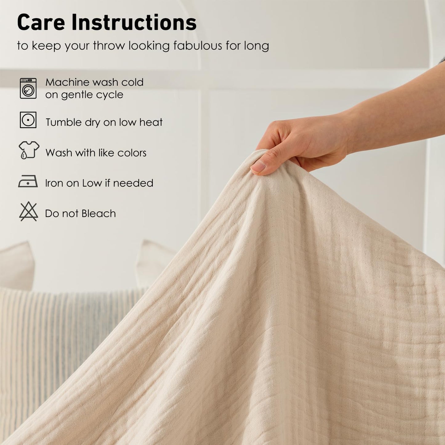 100% Cotton Ultra Soft Muslin Blankets for Adults, 6-Layer Lightweight King Size Blanket for Bed, Pre-Washed Breathable Gauze for Bed Layering, All Season Comfort, Linen Beige 108"x90"