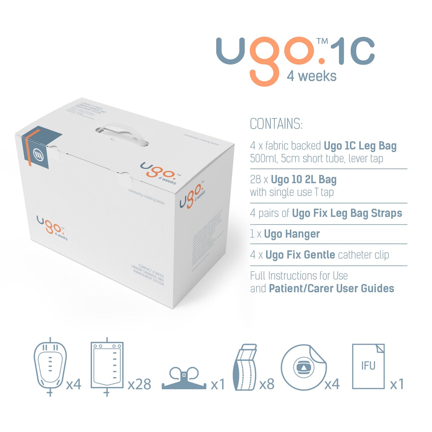 Ugo 4 Weeks – 1 Month of Urology Supplies Including 4 Leg Bags, 28 Night Bags, 4 Pairs of Leg Bag Straps, 4 Catheter Clips (Ugo 1C - 500ml, Short Tube, Lever Tap Leg Bags)