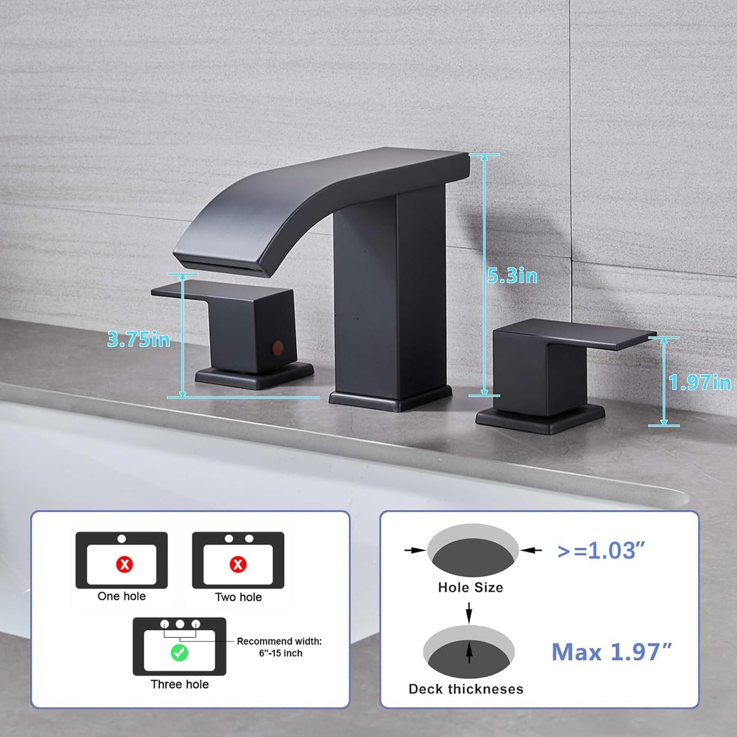 LED Light Black Waterfall Bathroom Faucet 3 Holes - 8Inch Widespread Bathroom Sink Faucet | Two Handles Lavatory Vanity Sink Faucets with Pop-up Drain Assembly & Supply Lines