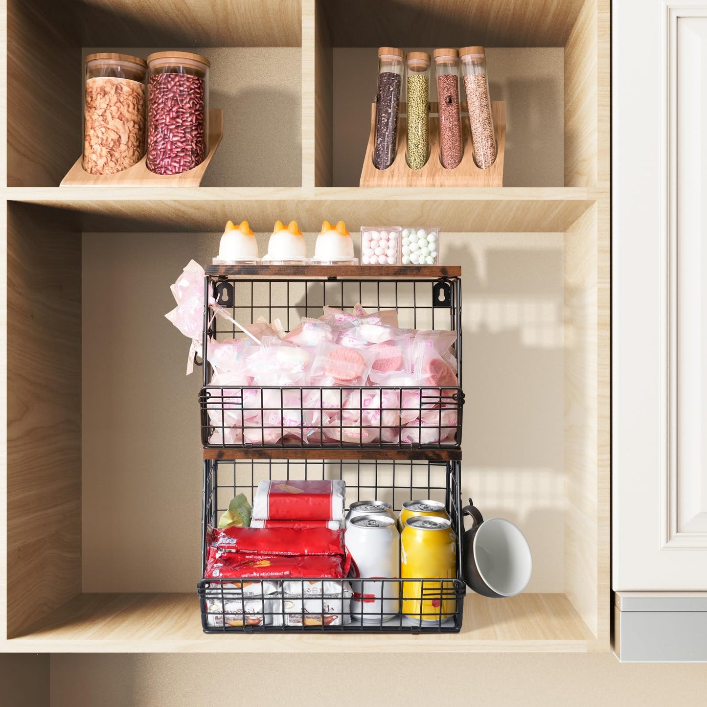 Mefirt 2pcs Fruit Basket Kitchen Storage Basket with Wood Lid, Stackable Wall Basket Fruit Basket for Kitchen, Countertop Organizer for Snack, Fruit and Veggie Storage, 11.8 x 7.9 x 8.5 Inch