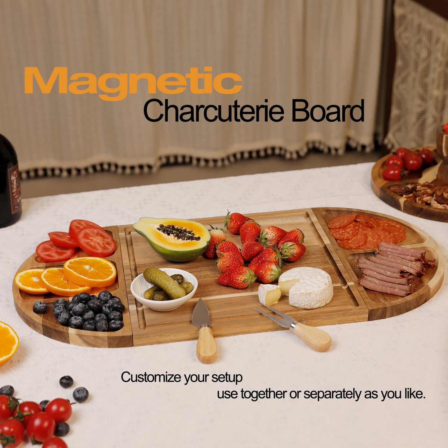 KWASVLYA Magnetic Charcuterie Board Set - Acacia Wood Serving Tray & Cutting Board with Modular Design, Juice Grooves, +4 Cutting Mats & Knives, 26x13 Inch, Gift for Home/Parties