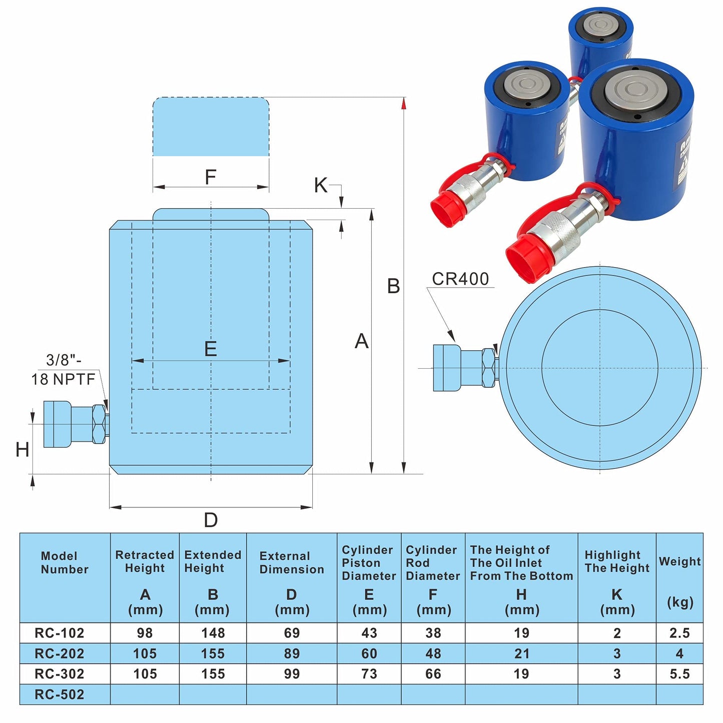 AMZCNC 30 Ton Hydraulic Cylinder Ram Single Acting 2 Inch Stroke 30T Hydraulic Cylinder Jack Lifting Jack Ram Portable Single Acting Lifting Cylinders with 50mm Stroke