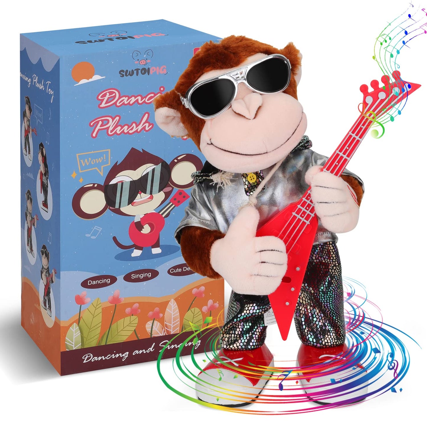 SWTOIPIG Dancing Monkey Plush Toy, Dancing Singing Stuffed Toy, Punk Shaped with Guitar, One Button Control, Educational Toy for Kids, Musical Intelligence Development