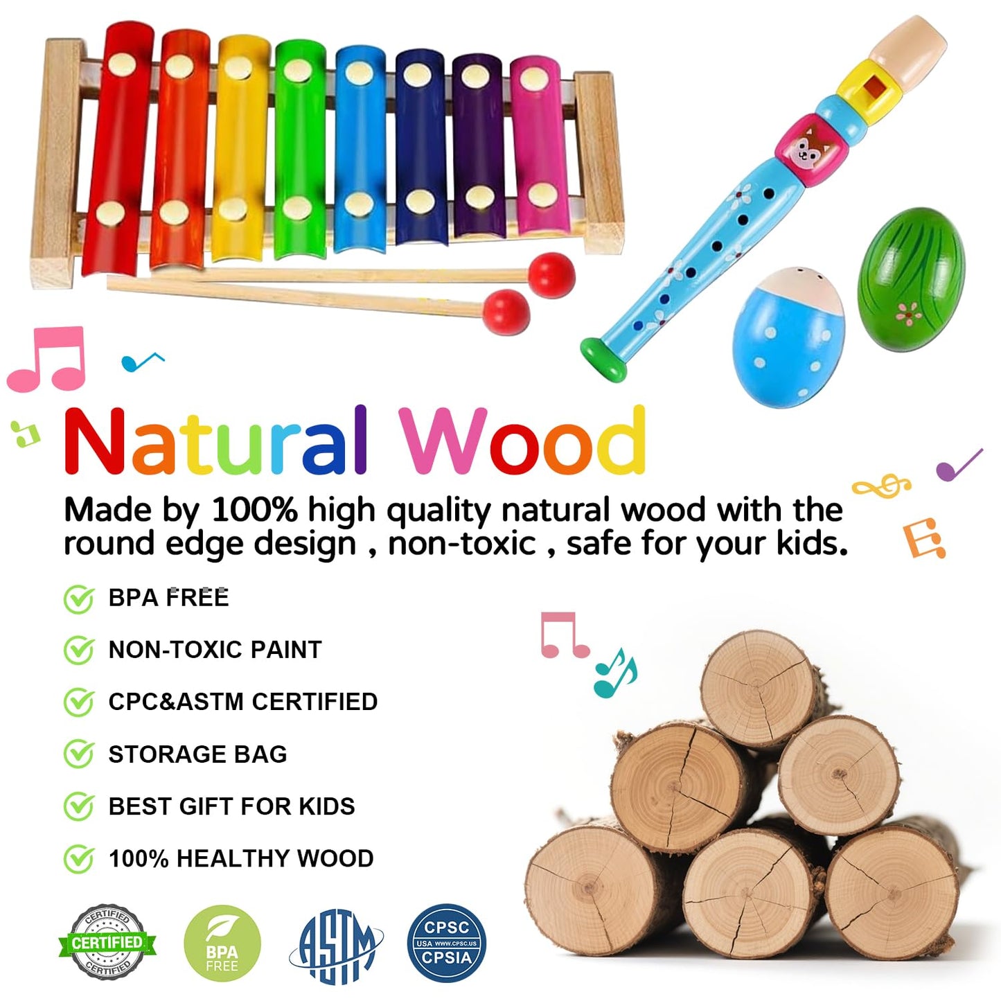INLAIER - Children's musical instruments, wooden percussion instruments, tambourine, xylophone, children's toys, preschool education, early learning, musical toy for children and