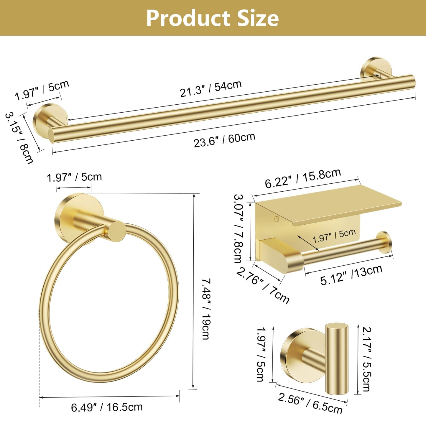 TQKAG 5 Piece Bathroom Towel Bar Holder Sets Brushed Gold Bathroom Hardware Set Stainless Steel Toilet Paper Holder with Shelf Bathroom Accessories Kit Wall Mounted