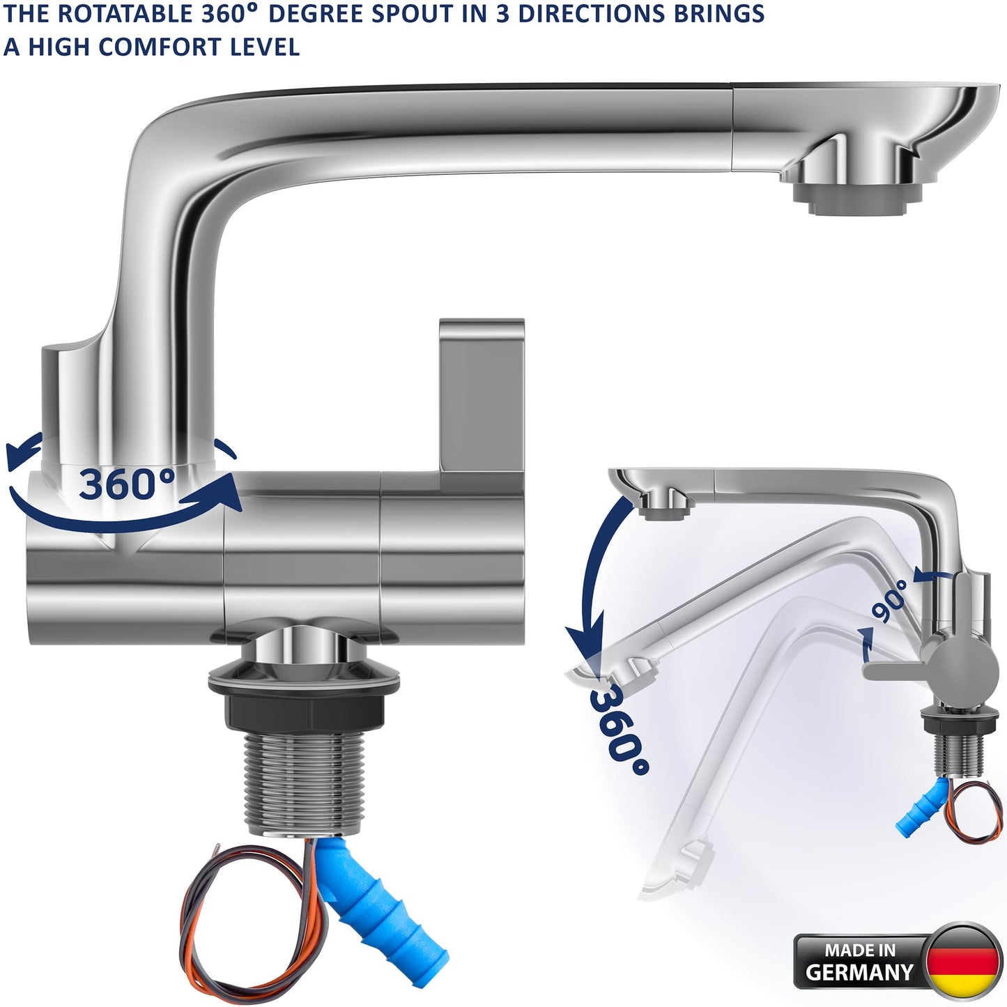 Bazpo 12V Faucet with Switch – German Made 1.5 BAR | Cold Water RV Sink Electric Faucet 360° Swivel Spout, 6A | for Camper Vans, Trailers, Marine Use | Single Hole – 12V Pump Compatible (Chrome)