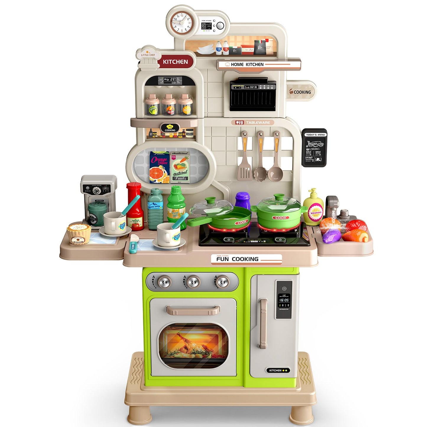 Play Kitchen Set, Kids Kitchen Playset with Realistic Sound & Light, Cooking Stove, Sink, Play Food and Accessories, 57 Pcs Kitchen Toys Gifts for Toddlers 2-4 3-5 Boys Girls (Green)