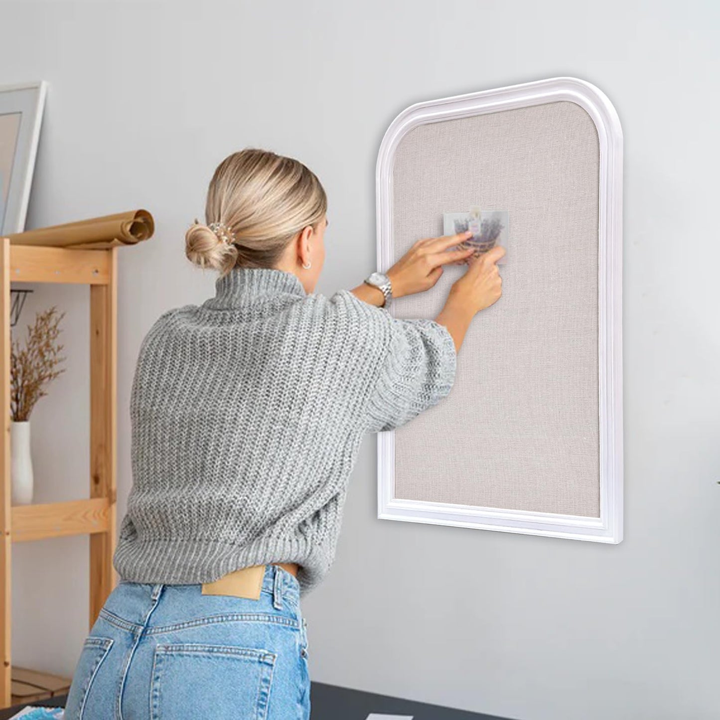 Aitakatta Bulletin Board with Linen, 23.6x17.7 inches Bulletin Board with White Wood Style Frame, Decorative Hanging Pin Board Vision Board Message Board for Office School Home Decor(2R&2S,L-4560,1p)