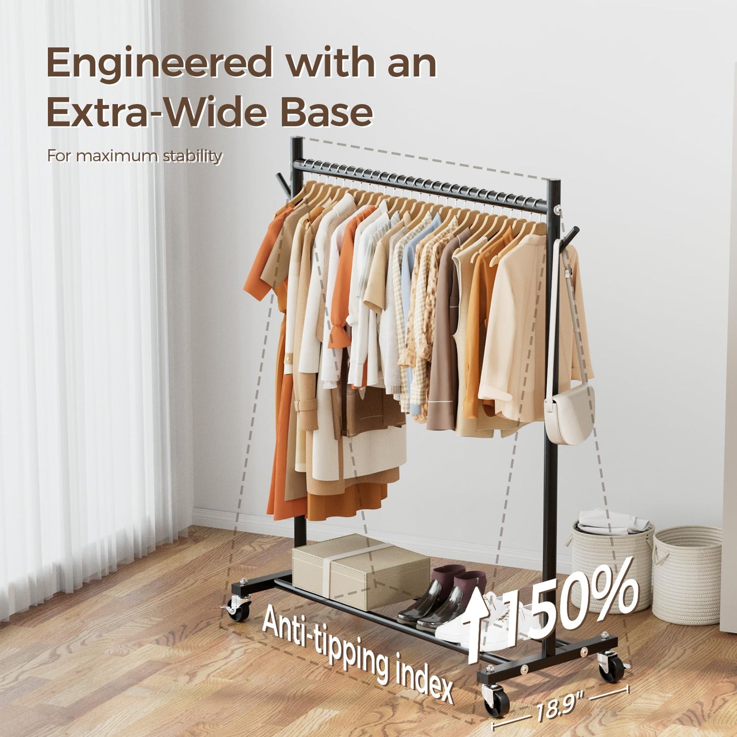 Clothes Rack, Clothing Rack for Hanging Clothes Load 280LBS, Rolling Garment Rack, Portable Coat Rack Freestanding Clothes Rack with Wheels Wardrobe Rack Easy Assembly for Bedroom Living Room, Black