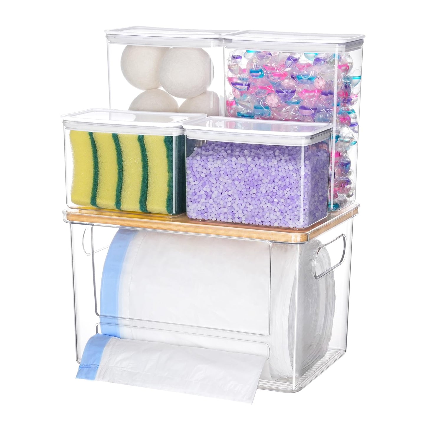 iCASA Trash Bag Holder Laundry Pods Container - 5 in 1 Garbage Bag Dispenser for 13/30/33 Gallon Bags, Clear Stackable Kitchen Under Sink Organizer Dishwasher Pod Storage Home Organization Must Haves