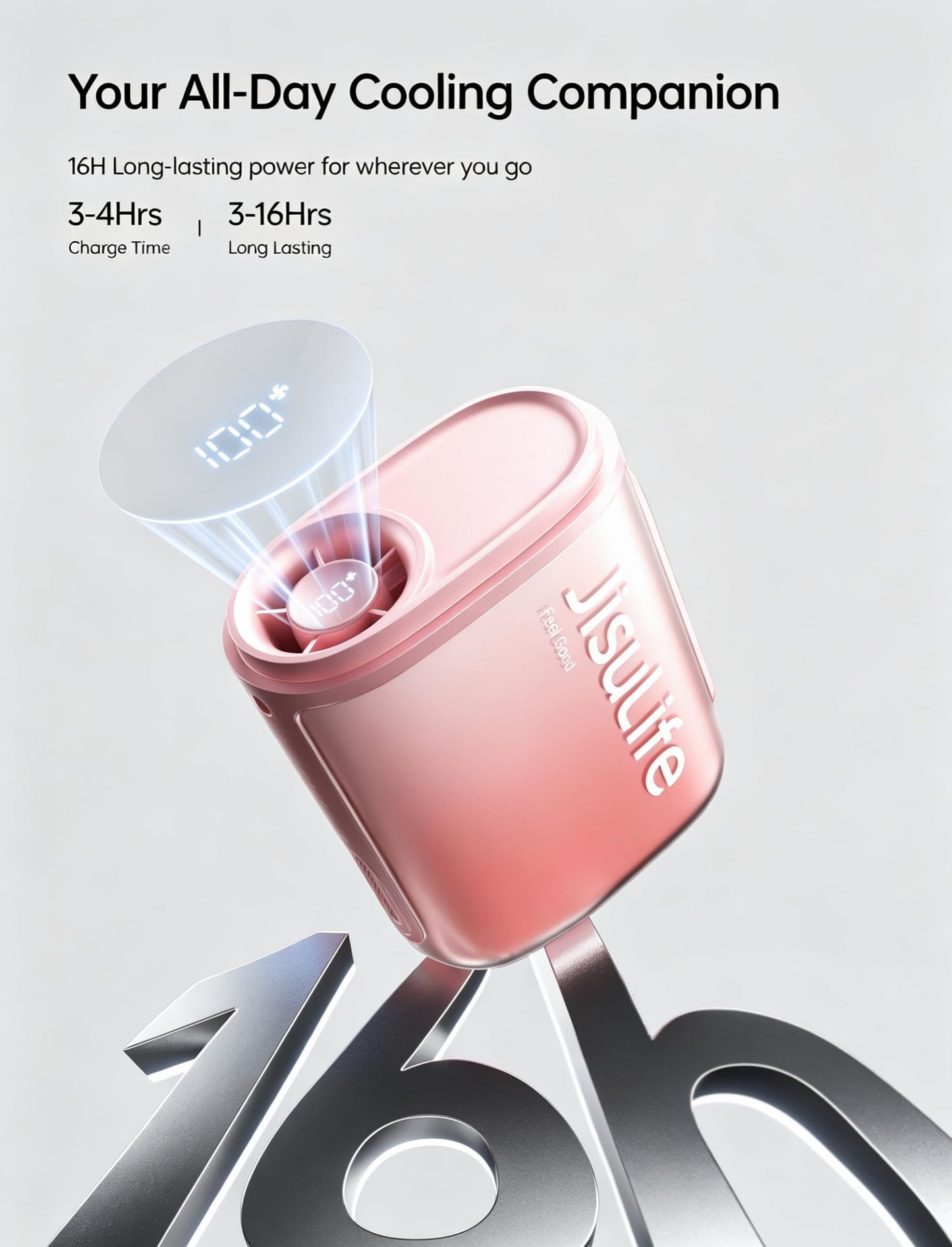JISULIFE Portable Necklace Fan with 100 Speeds, 40000RPM, Digital Display, 4500mAh Personal Waist Fan for 16H Cooling, Clip-On Wearable Design for Outdoor Travel, Fashionable Gift for Women(Pink)