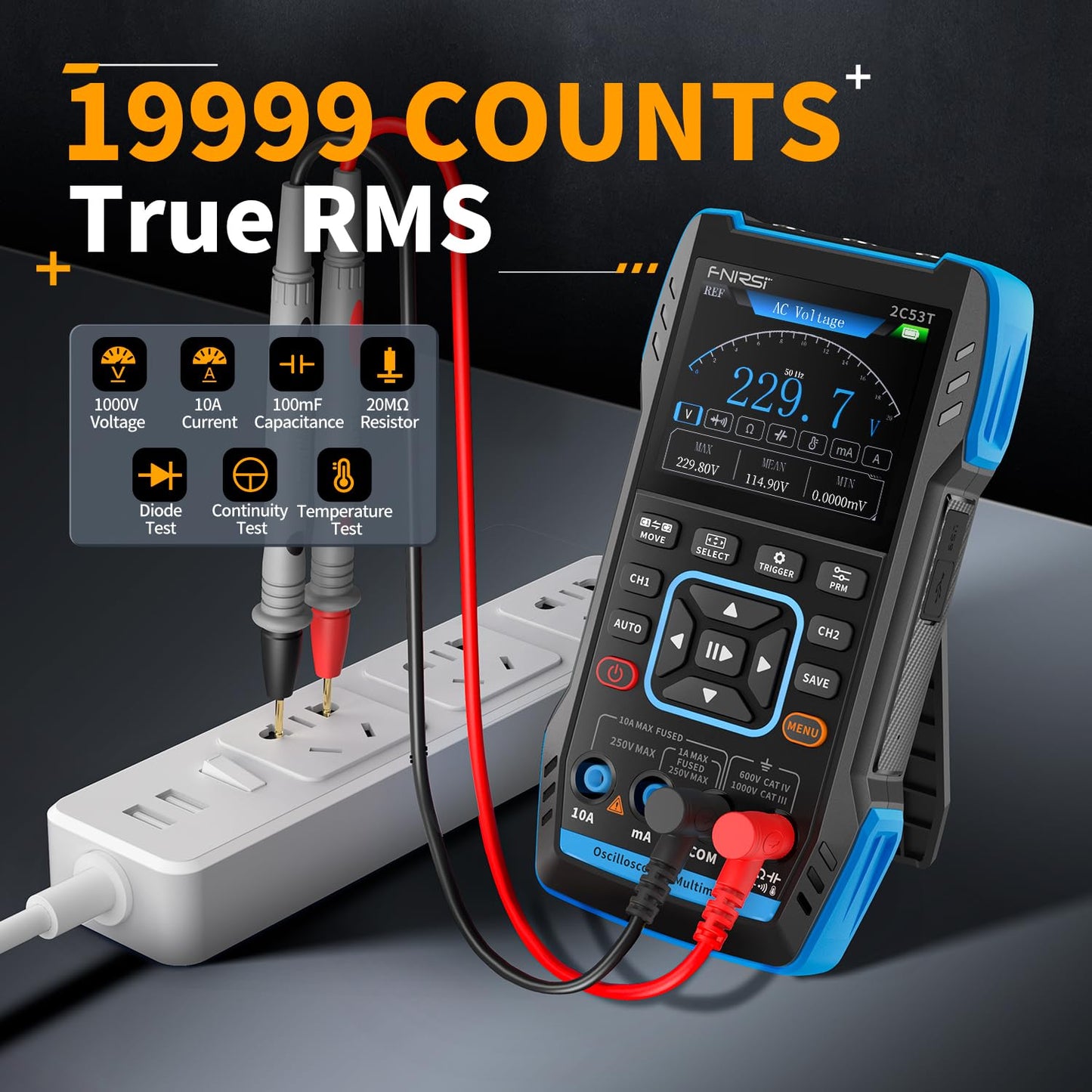 2C53T 3-in-1 handheld oscilloscope multimeter DDS generator, 2 channel, 50MHz bandwidth, 250MSa/s sampling rate, 20,000 calculations, voltage, current, capacitance, resistance, 2* P6100 probes