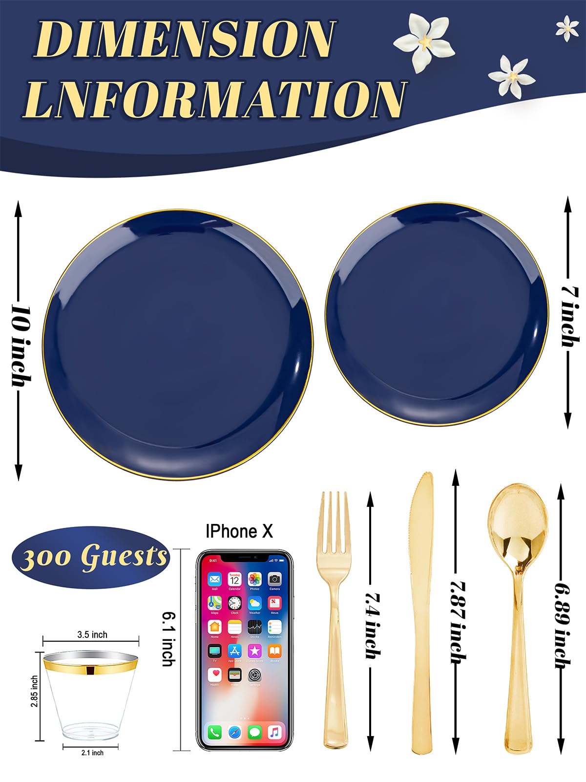WDF 300PCS Navy Blue Plates Disposable - Blue Plastic Plates 50guest Heavy Duty Plastic Dinnerware Sets for Party/Wedding/Birthday/Graduation