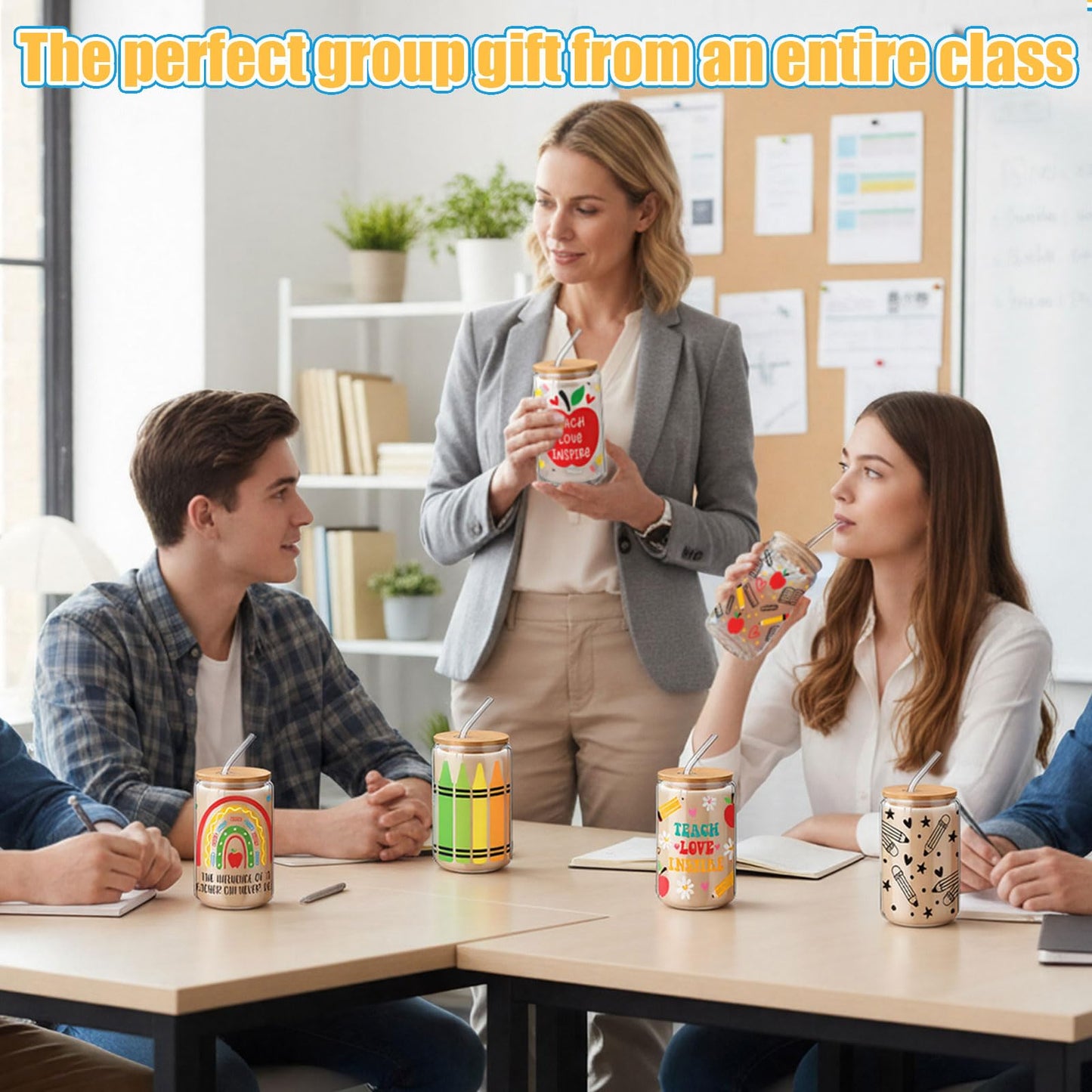 Yetene 12 Sets End of Year Teacher Gifts Bulk 2026 Teacher Appreciation Glass Cup with Lid and Straw 16 oz Apple Crayon Pencil Iced Coffee Tumbler Thank You Gifts for Daycare Preschool Graduation
