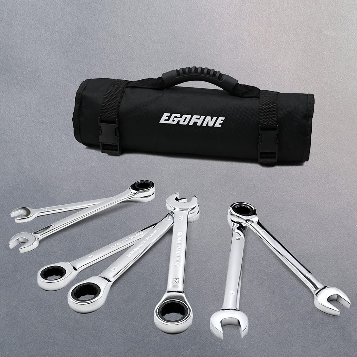 Egofine 18pc Metric Wrench Set, 6 mm - 24 mm Chrome Vanadium Steel Ratcheting Wrench Set with a Roll Up Storage Bag