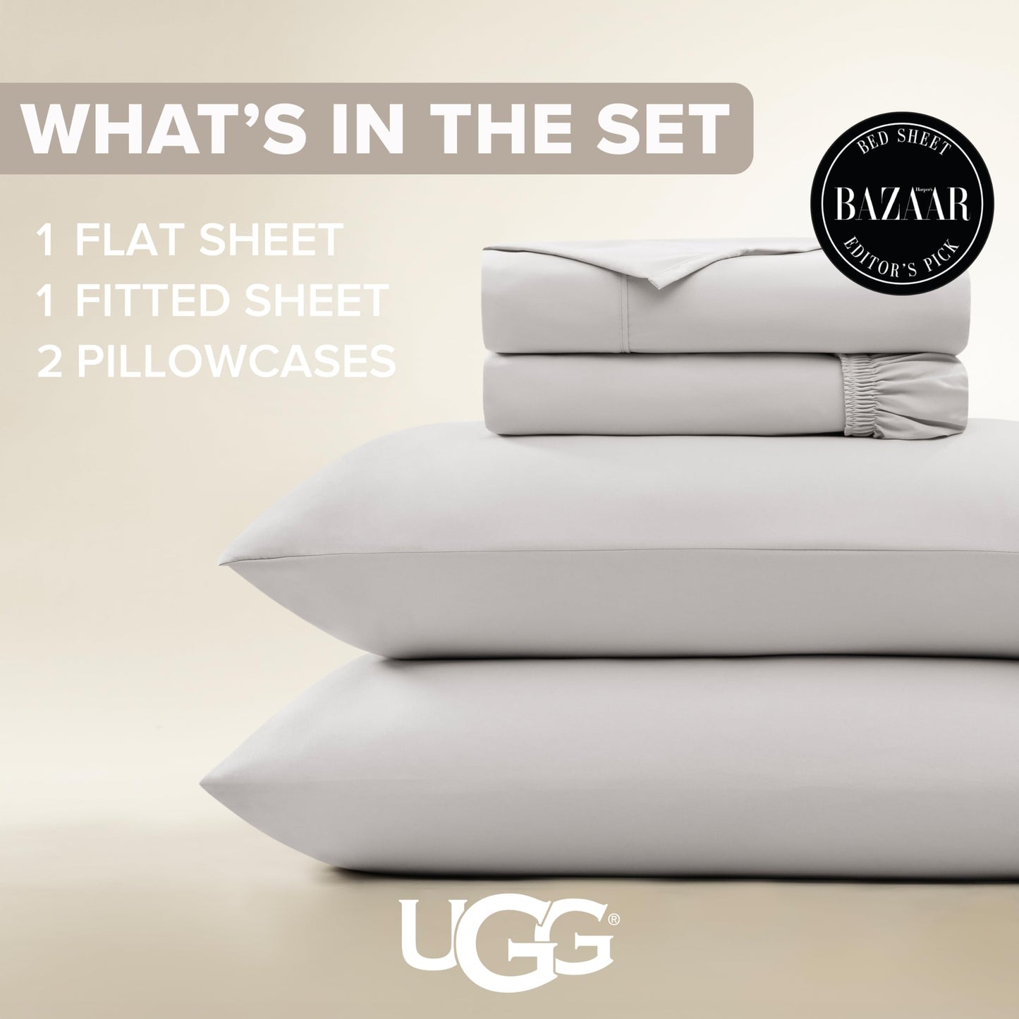UGG Hedi Full Sheet Set 4-Piece Luxury Cooling Sheets Deep Pockets Premium Bedding with 2 Pillow Shams Hypoallergenic Machine Washable Soft Lightweight Bed Set for Bedroom, Full, Stone Grey