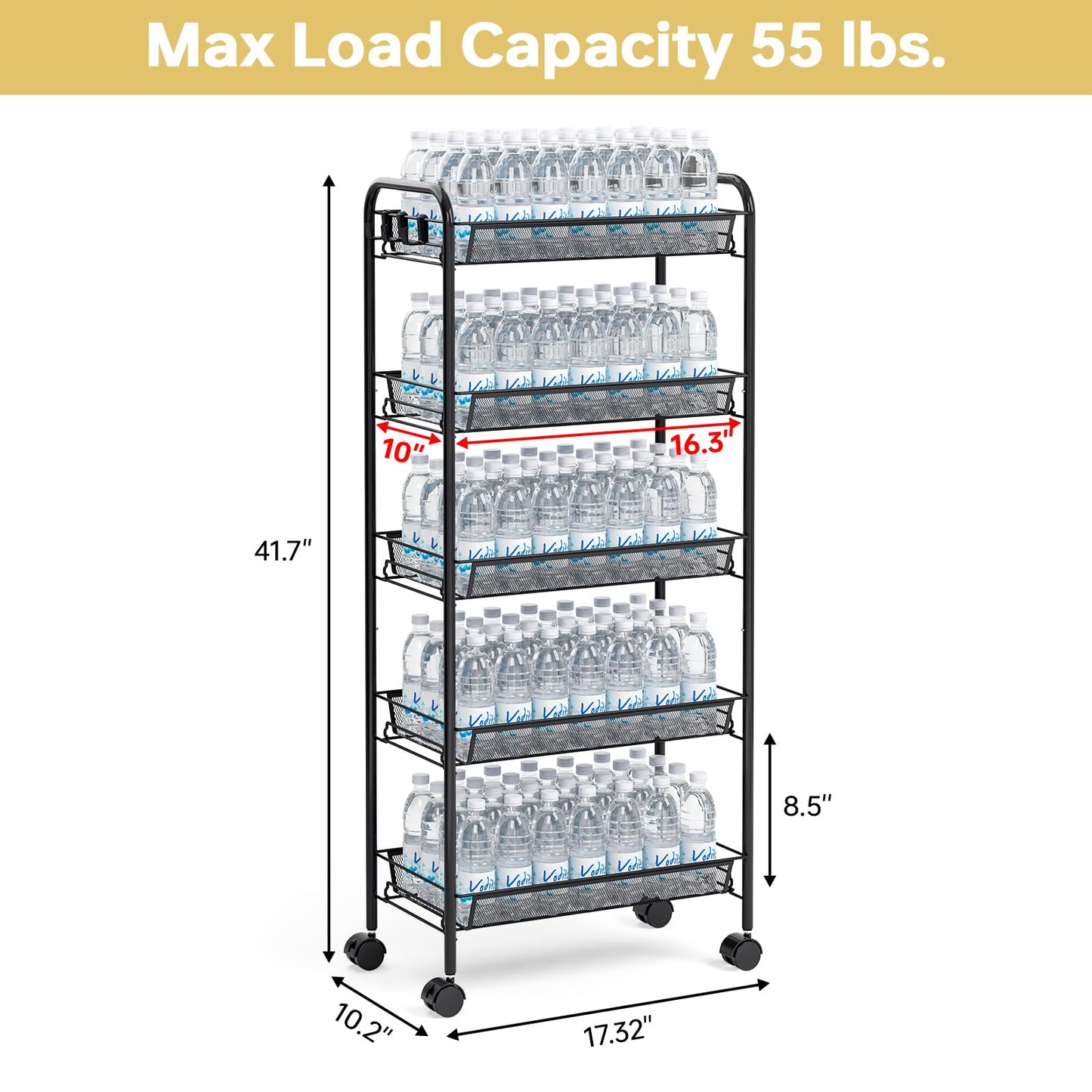TOOLF 5-Tier Metal Utility Cart with 3 Hooks, Easy Assemble Mobile Storage Trolley On Wheels, Metal Shelving Units Kitchen Bathroom Laundry Room